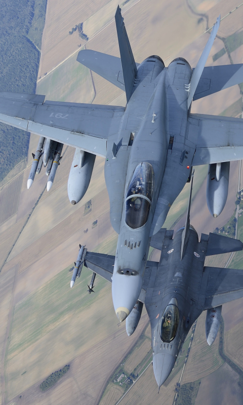 military, jet fighter, aircraft, general dynamics f 16 fighting falcon, warplane, mcdonnell douglas cf 18 hornet, jet fighters HD wallpaper