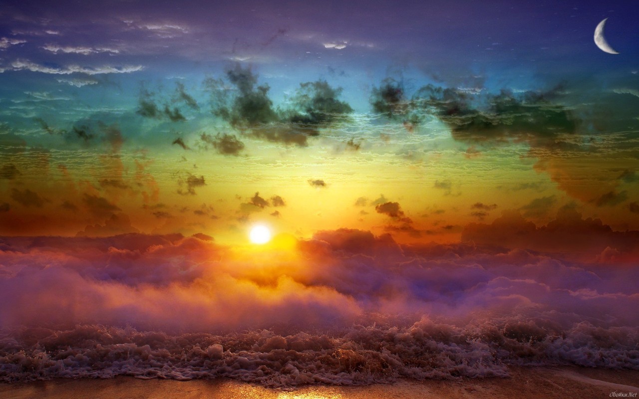 Handy-Wallpaper Landschaft, Sun, Clouds, Sky, Sea, Fotokunst, Regenbogen kostenlos herunterladen.
