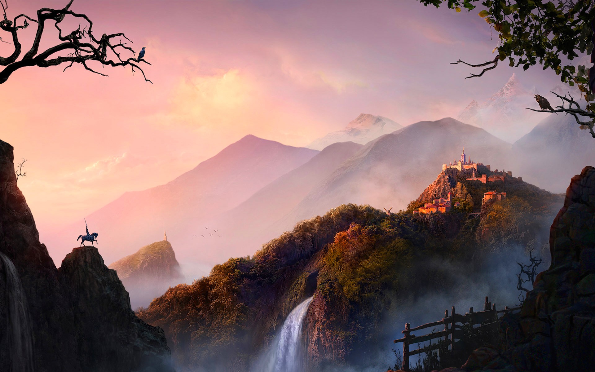 Download mobile wallpaper Fantasy, Waterfall, Mountain, City for free.