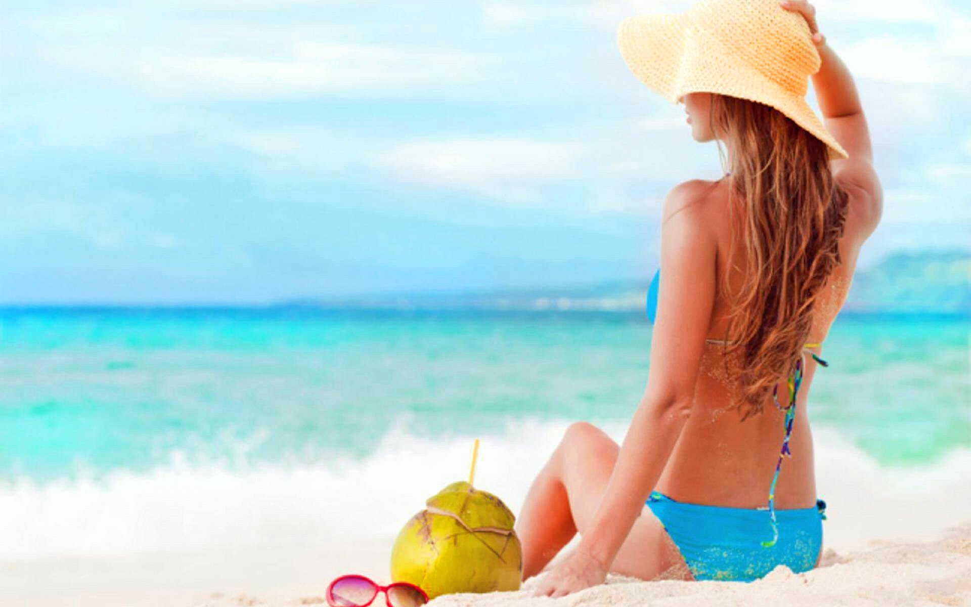 Descarga gratuita de fondo de pantalla para móvil de Playa, Horizonte, Precioso, Tropical, Sombrero, Mujeres, El Verano.
