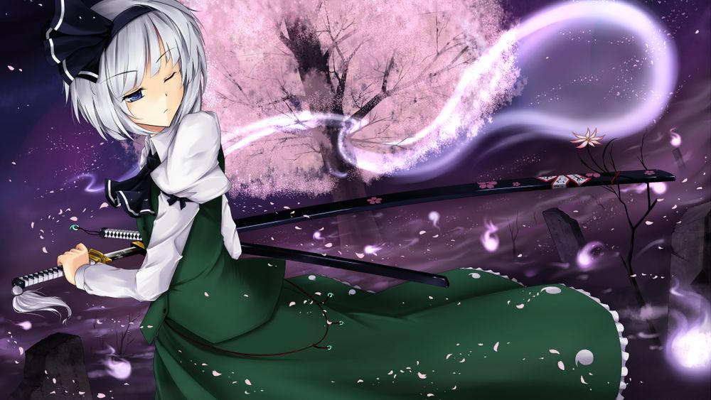 HDデスクトップ 壁紙: 魂魄妖夢, 東方, アニメ, 青い目, 花, 幽霊, グリーンドレス, 夜, 花弁, 空, 精神, 剣, 木, 武器 ...
