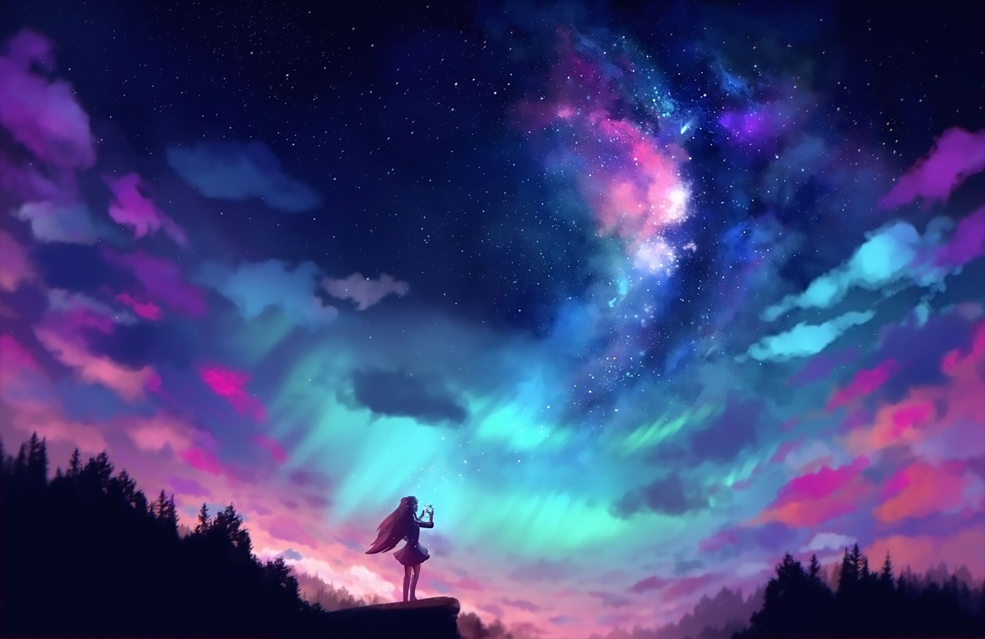 Laden Sie das Original, Himmel, Sonnenuntergang, Animes, Nordlicht-Bild kostenlos auf Ihren PC-Desktop herunter
