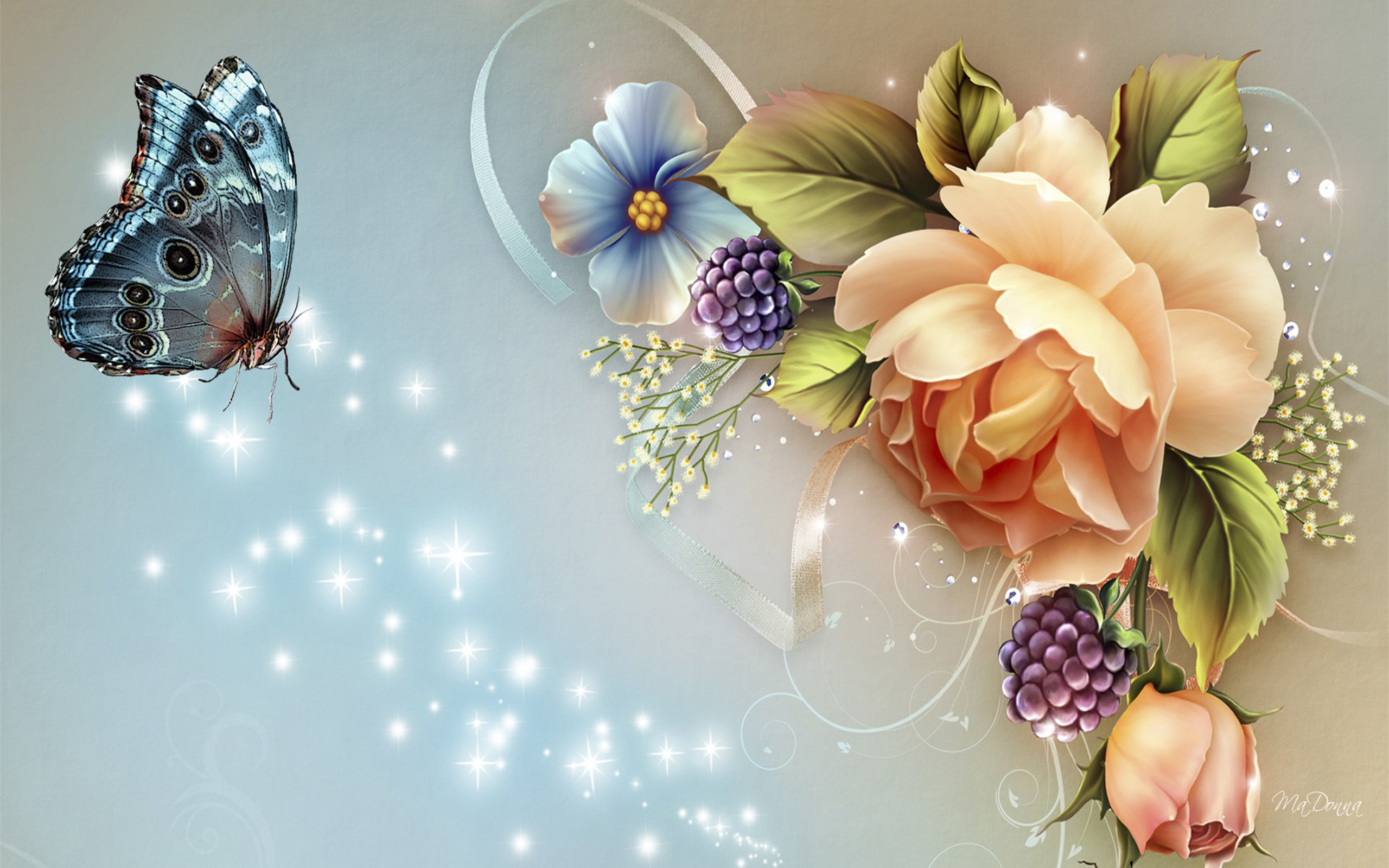 Download mobile wallpaper Flowers, Flower, Butterfly, Spring, Artistic, Sparkles for free.