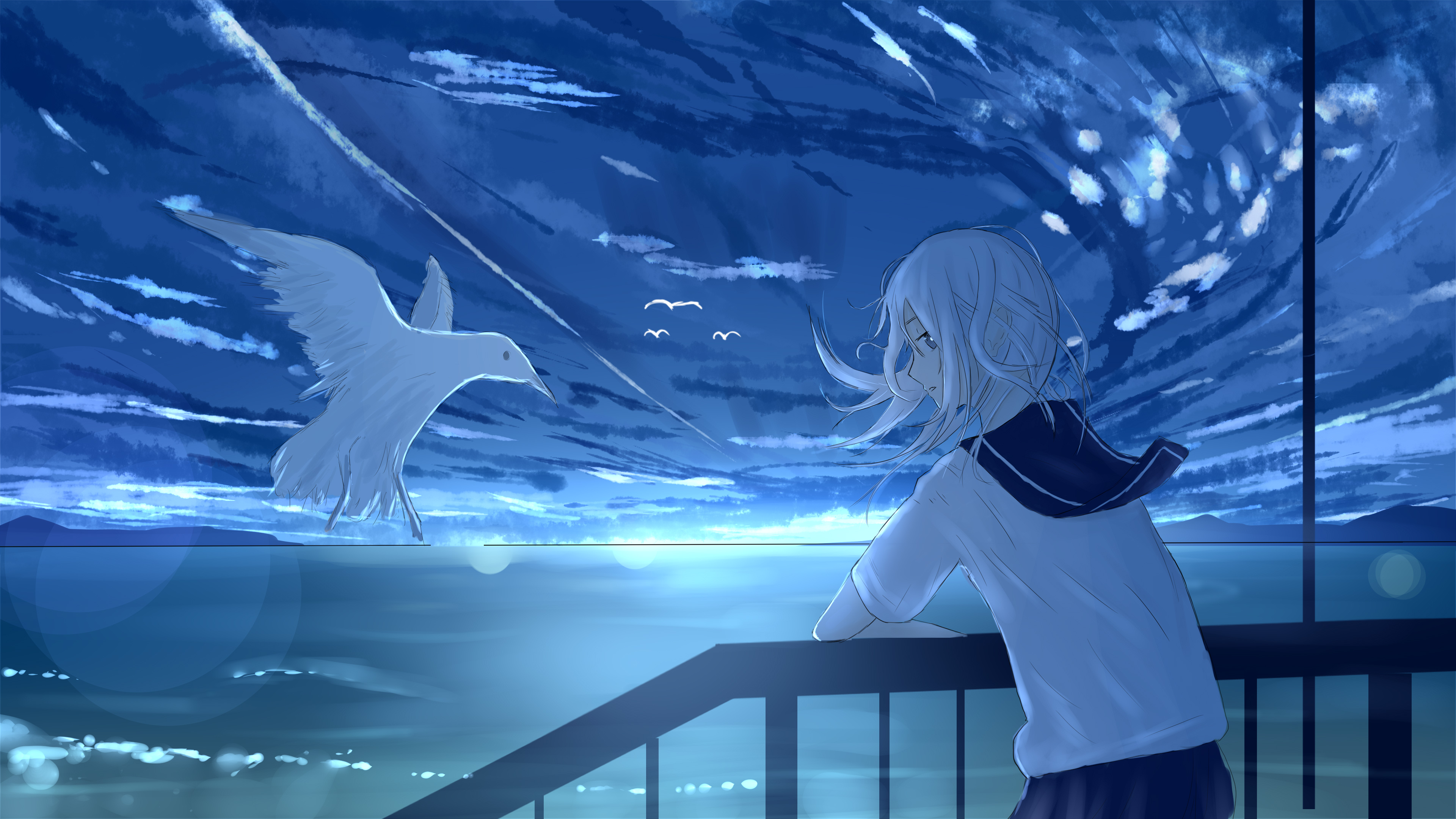 Free download wallpaper Anime, Bird, Blue Eyes, Original, Long Hair, White Hair on your PC desktop