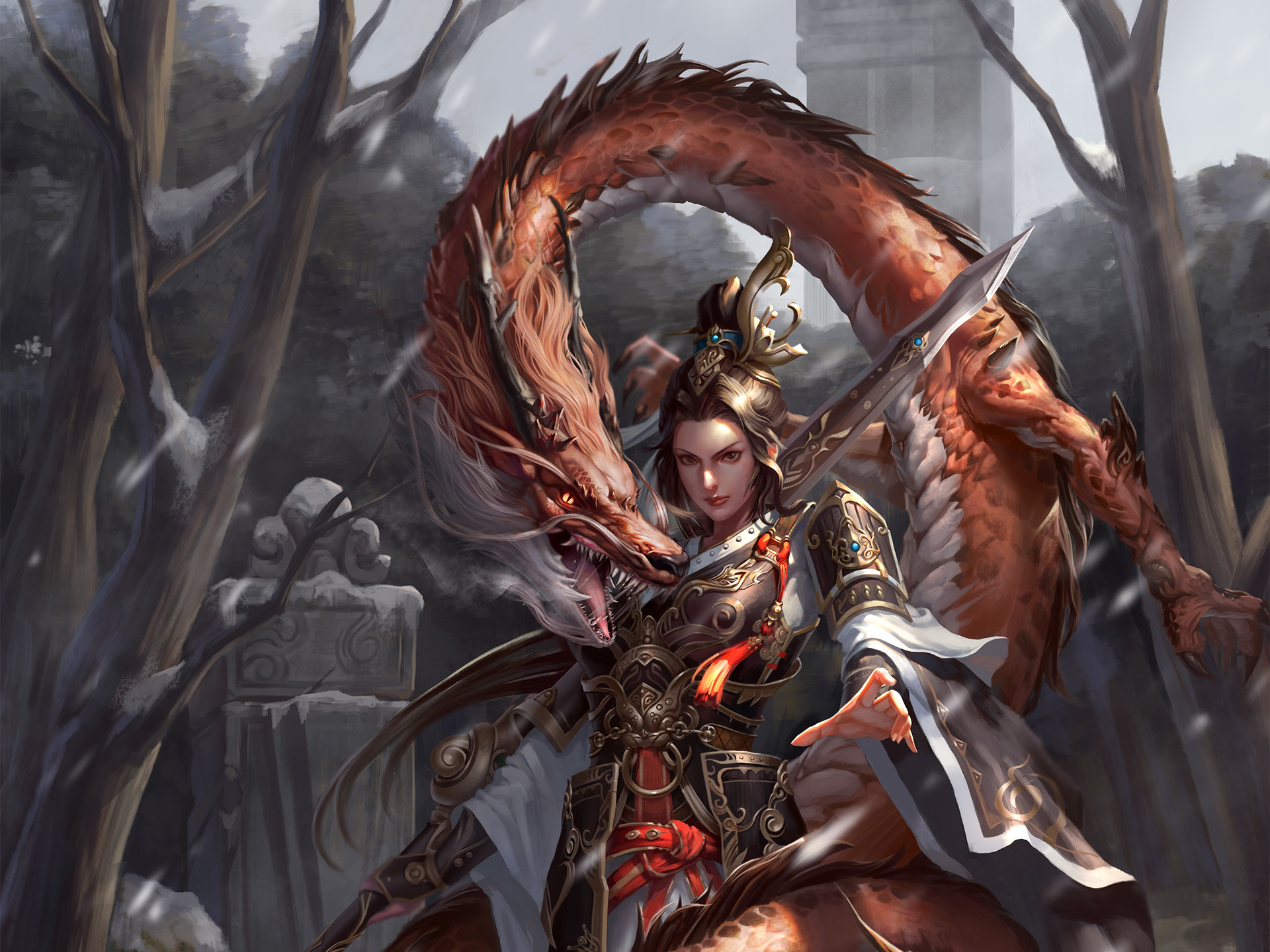 Free download wallpaper Fantasy, Dragon, Warrior, Armor, Sword, Women Warrior, Woman Warrior on your PC desktop