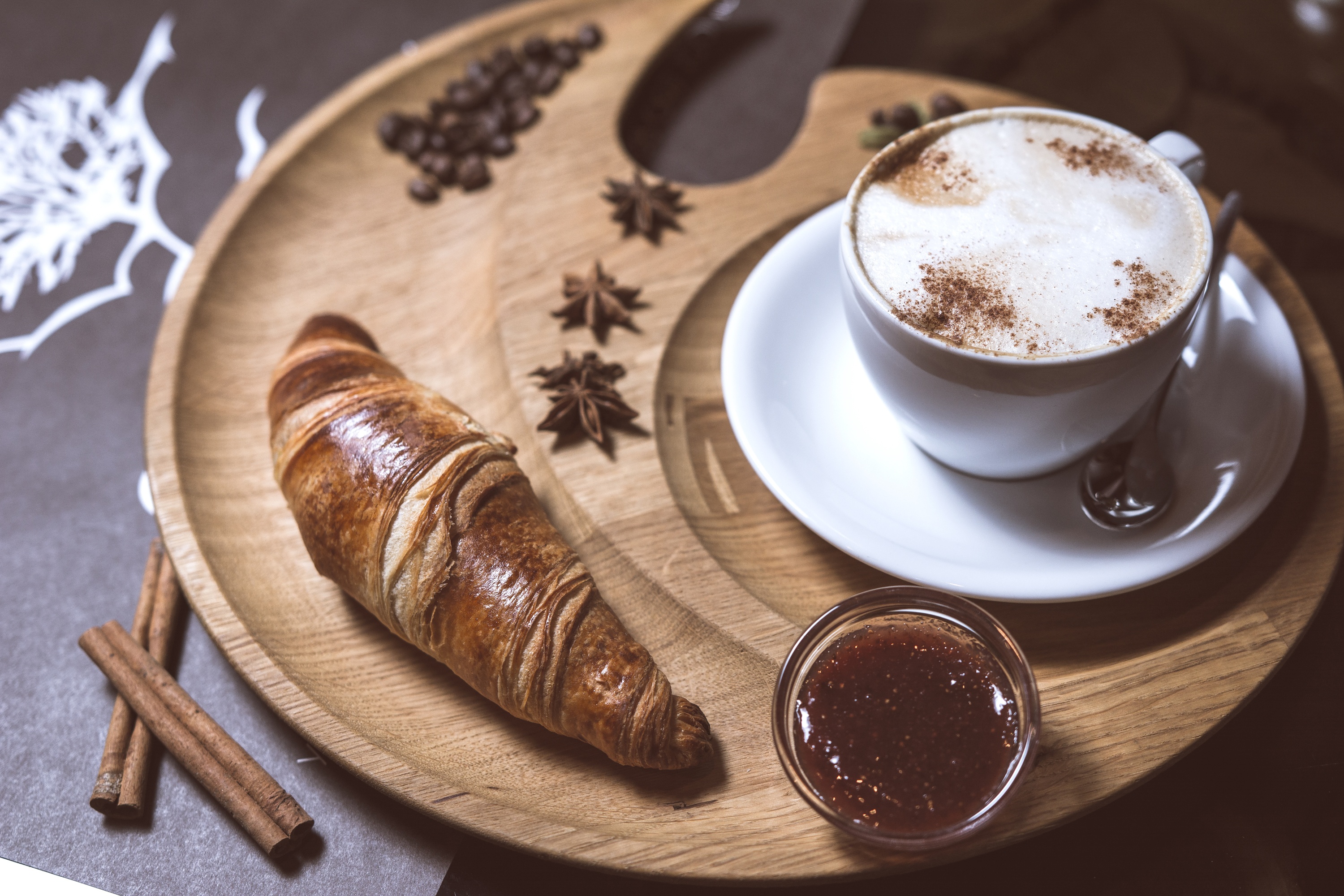 Download mobile wallpaper Food, Coffee, Still Life, Cinnamon, Cup, Jam, Breakfast, Croissant for free.