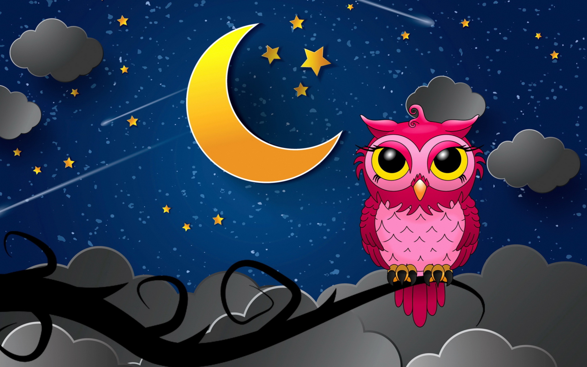 Download mobile wallpaper Birds, Sky, Pink, Night, Owl, Moon, Animal for free.