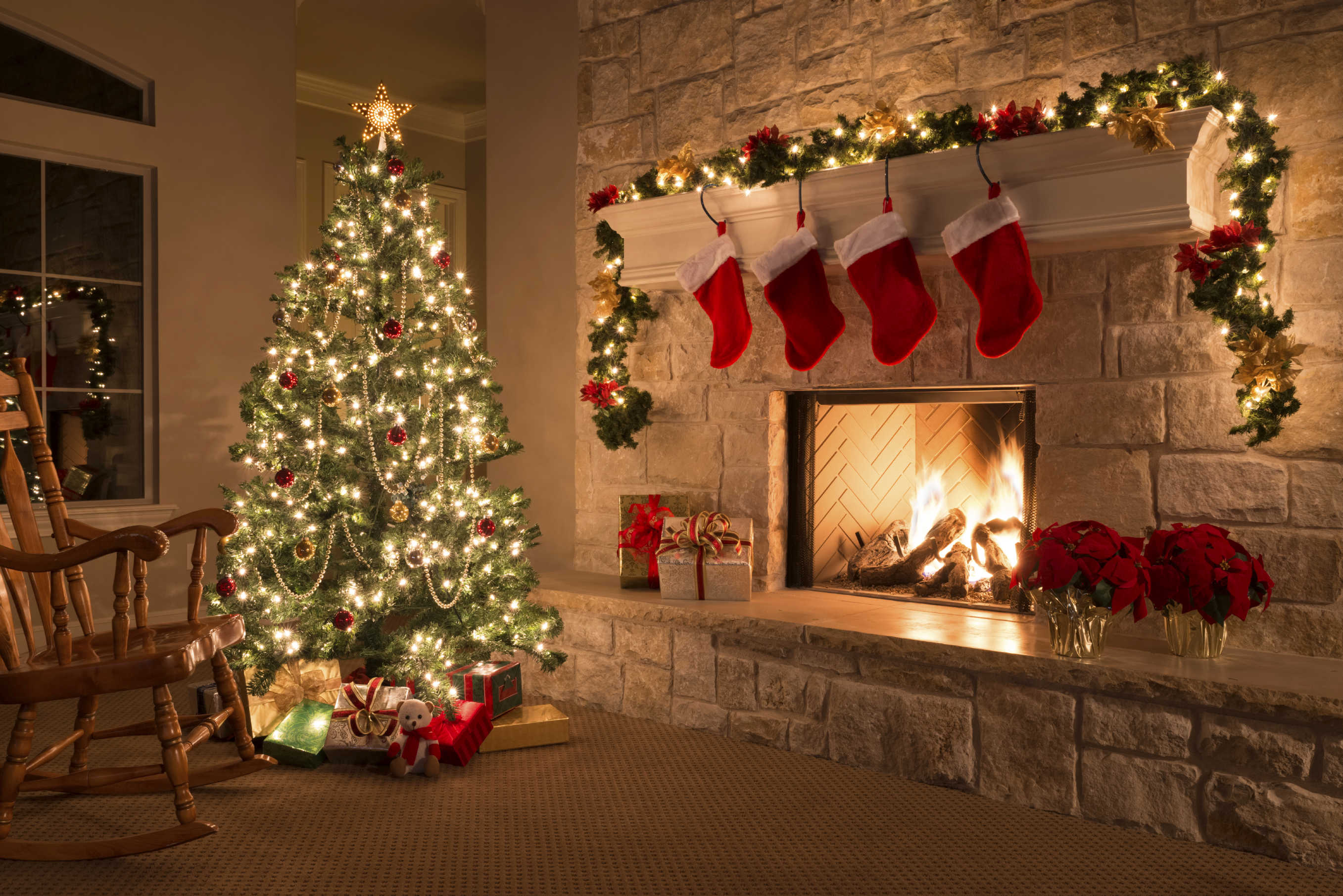 Download mobile wallpaper Tree, Christmas, Holiday, Fireplace, Stocking for free.