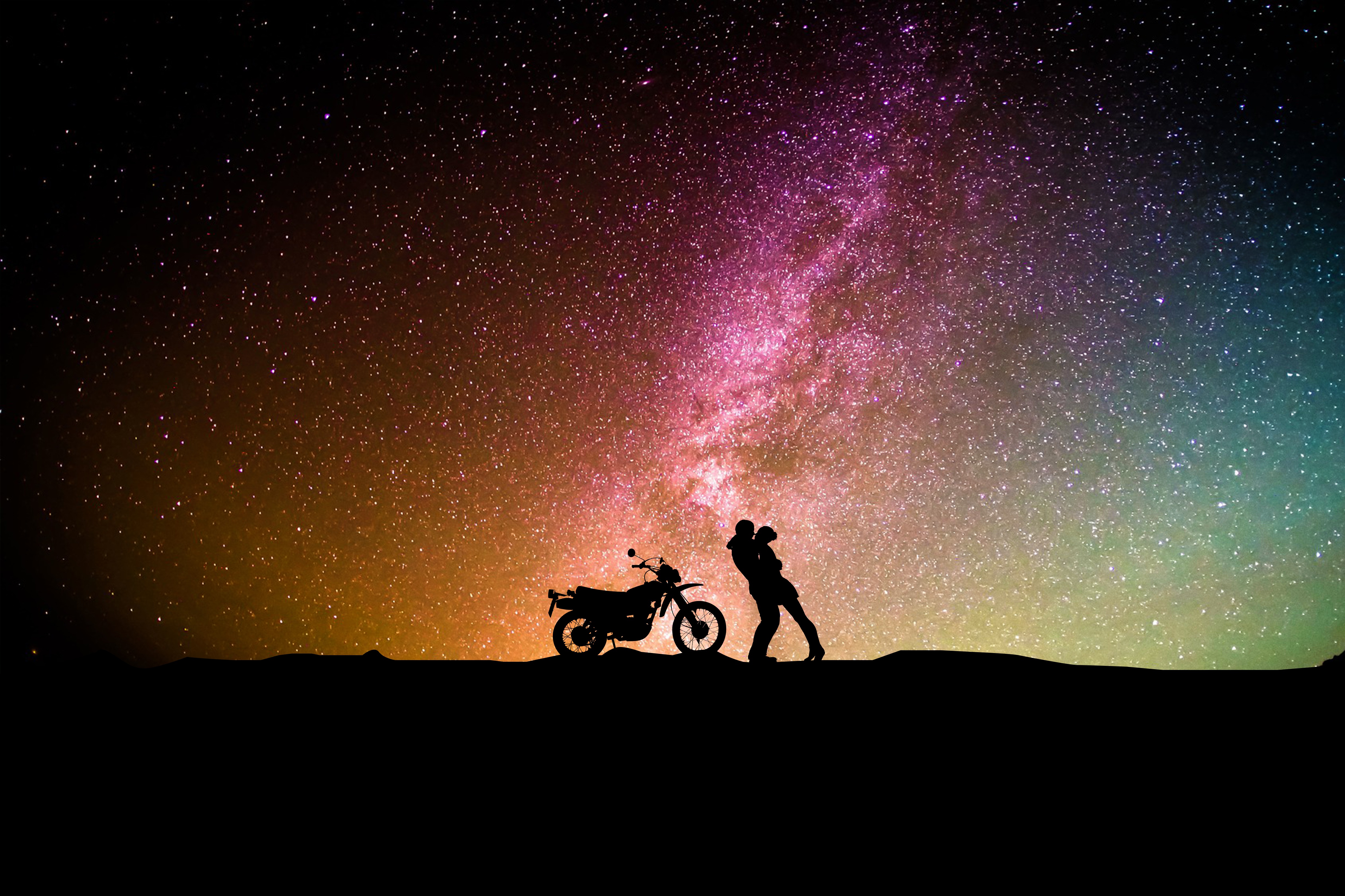 embrace, motorcycle, silhouettes, couple, love, pair, starry sky