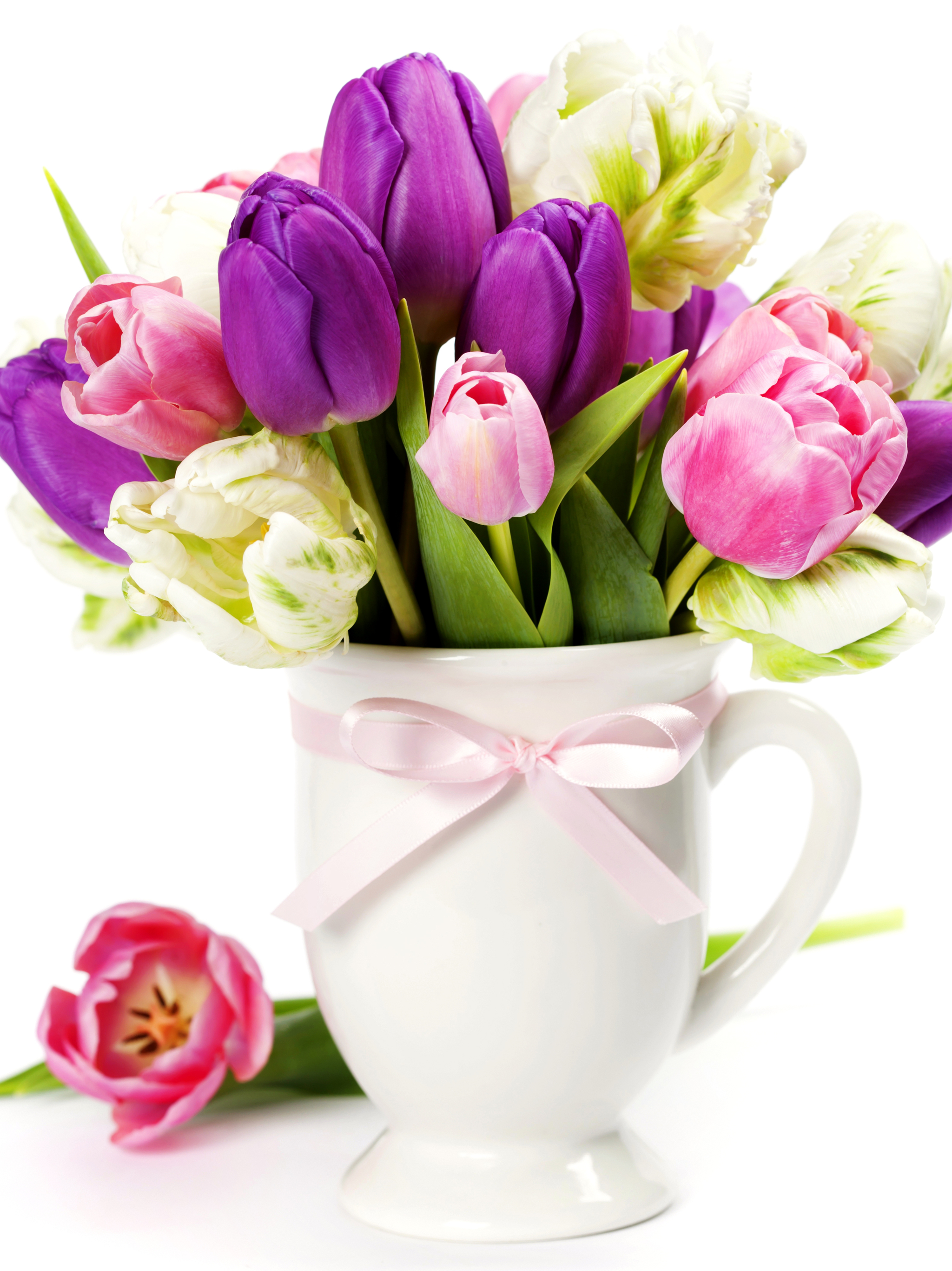 Download mobile wallpaper Flower, Vase, Tulip, Purple Flower, Man Made, Pink Flower for free.