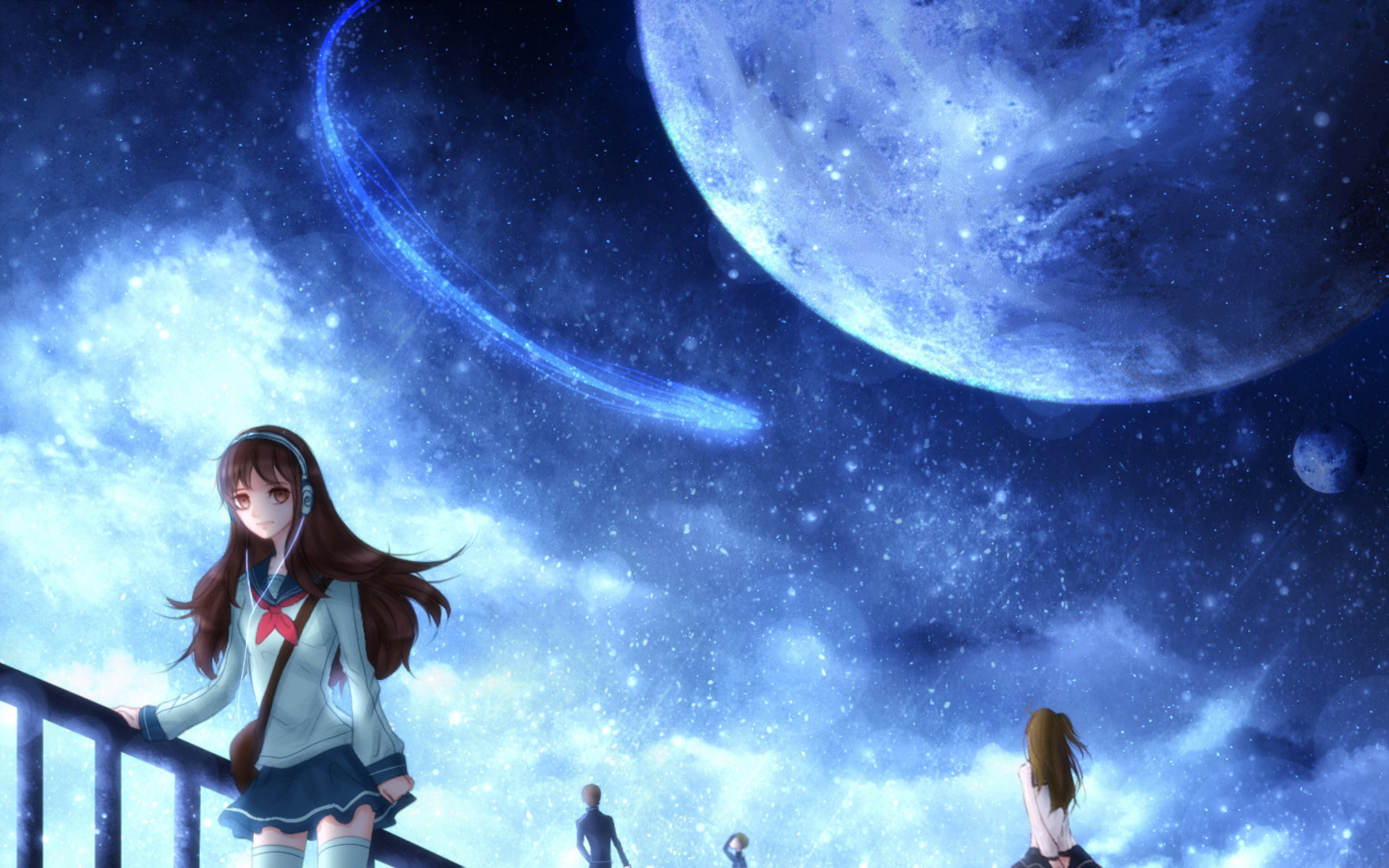 Download mobile wallpaper Anime, Headphones, Starry Sky, Original, Long Hair, Brown Hair for free.