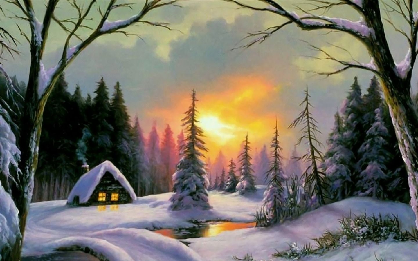Laden Sie das Winter, Schnee, Wald, Baum, Haus, Malerei, Sonnenuntergang, Künstlerisch-Bild kostenlos auf Ihren PC-Desktop herunter