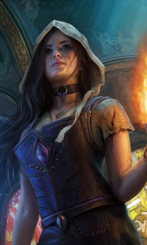 path of exile, video game, witch, hood, long hair, magic, flame