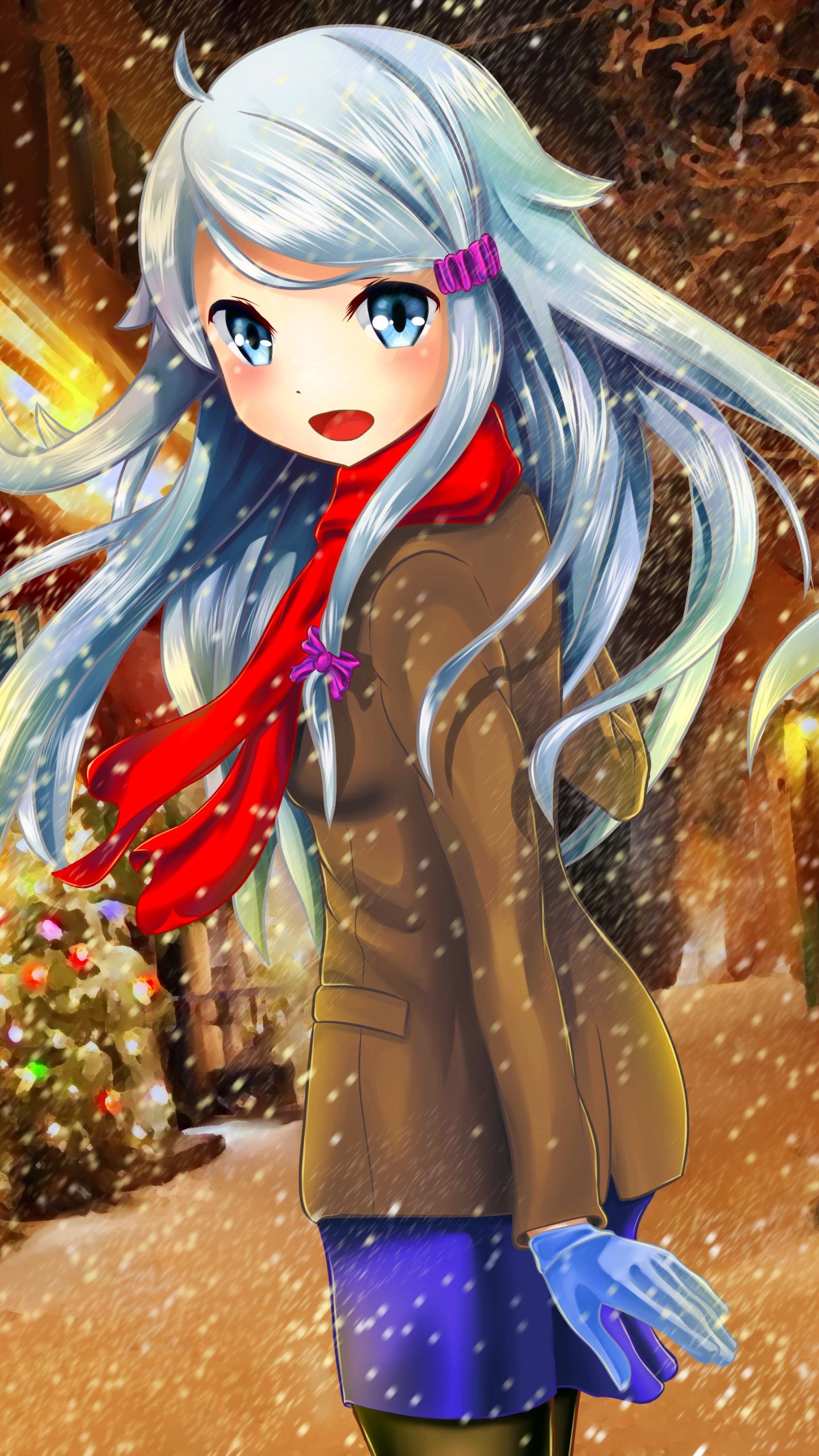 white hair, anime, imouto sae ireba ii, christmas, snow, grey eyes, scarf, long hair, coat, glove, nayuta kani 32K
