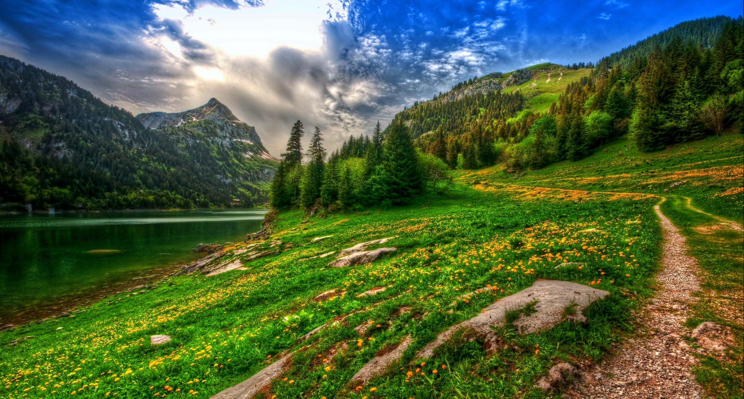 Скачать картинку Пейзаж, Гора, Озеро, Дерево, Зеленый, Земля/природа в телефон бесплатно.