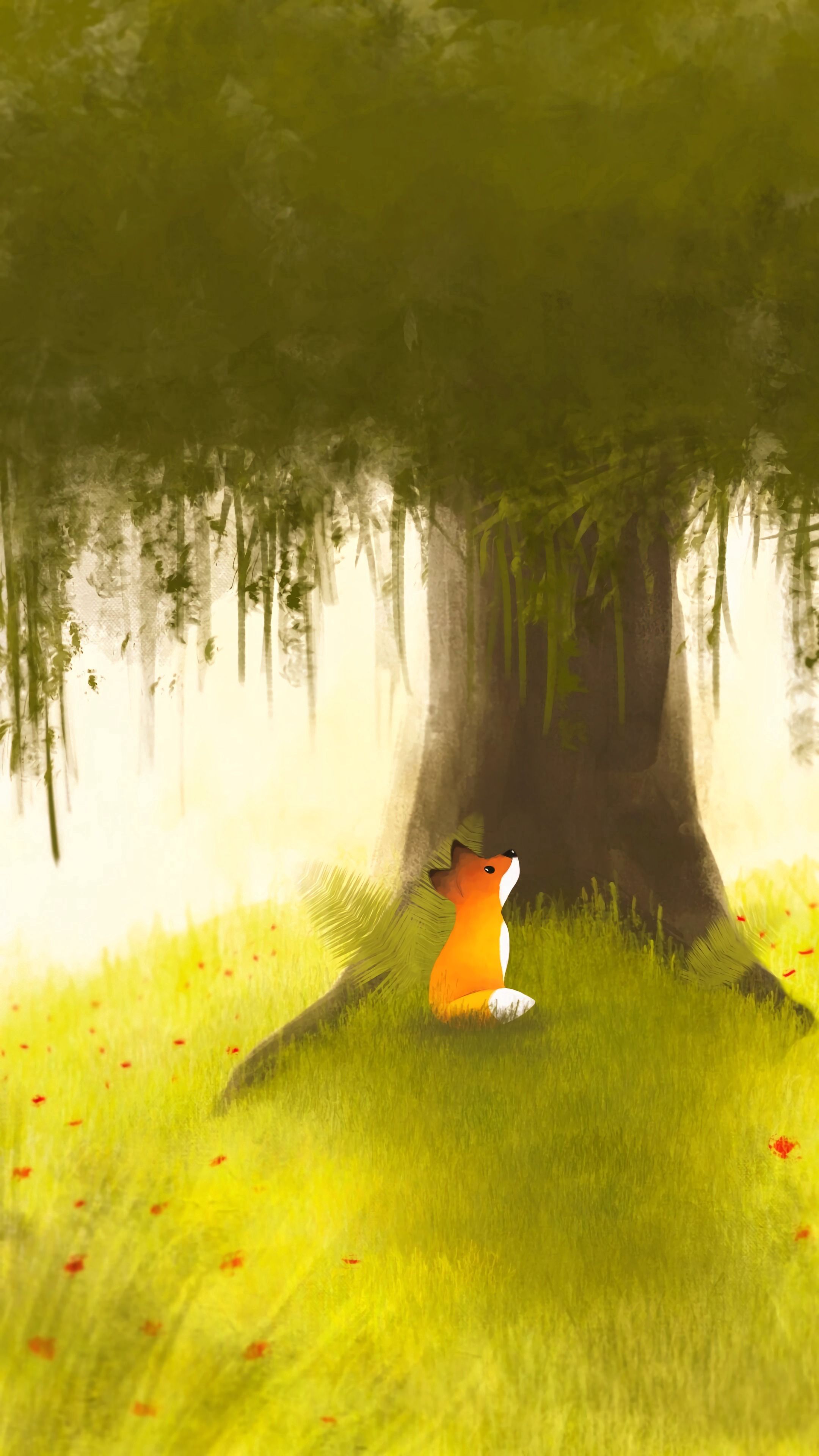 Download mobile wallpaper Wood, Tree, Grass, Flowers, Art, Fox for free.