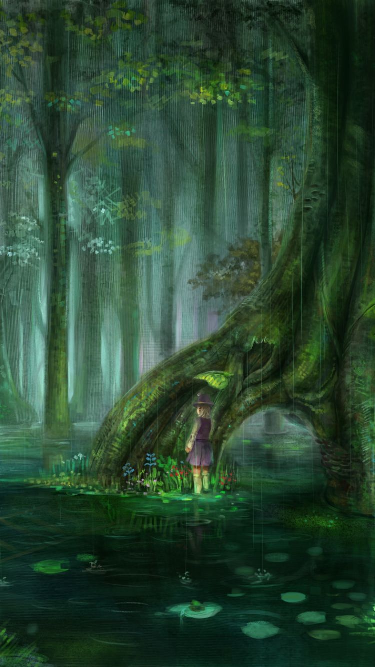 Download mobile wallpaper Anime, Fantasy, Forest, Tree, Child, Touhou, Suwako Moriya, Little Girl for free.