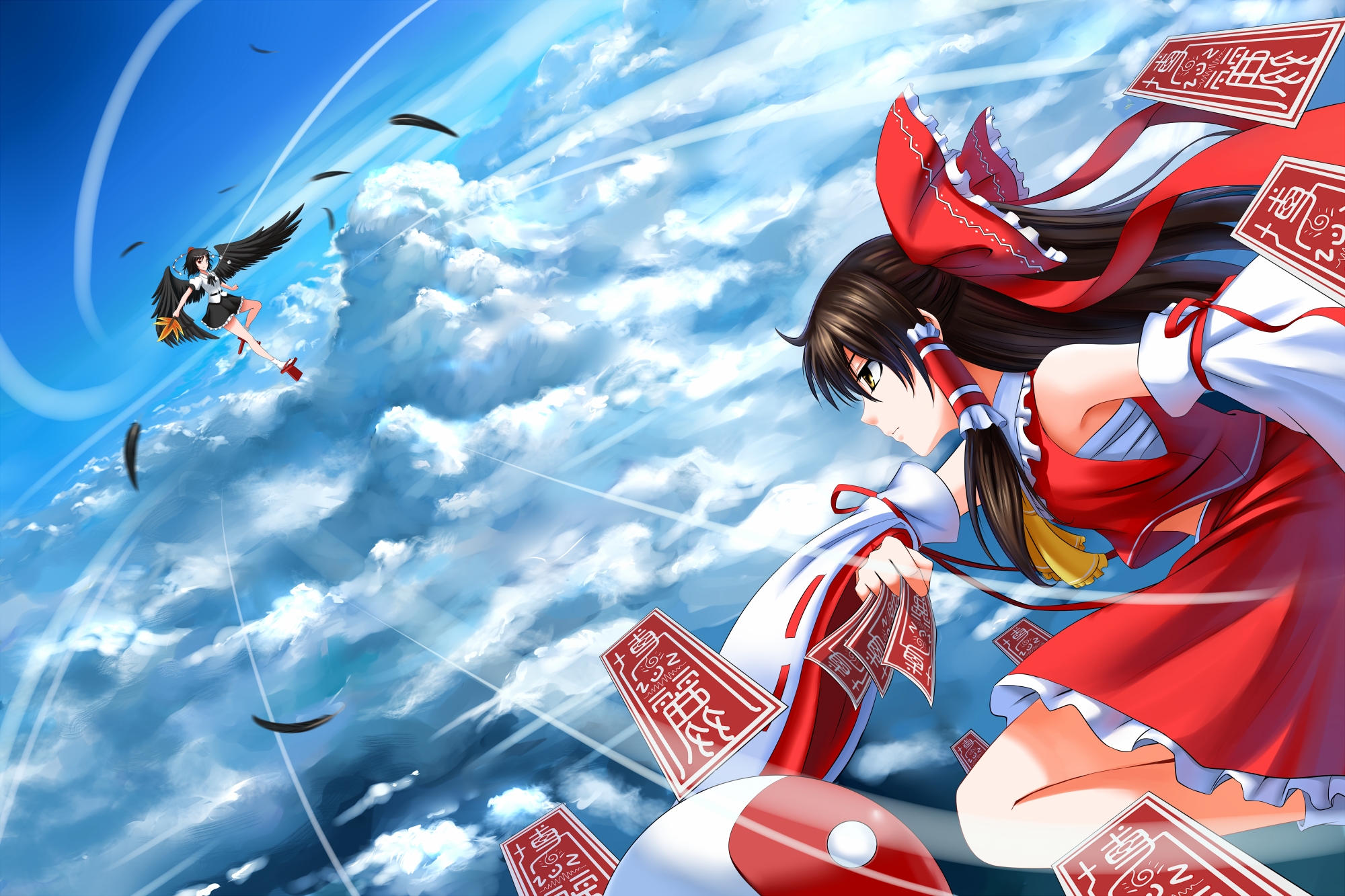 Laden Sie das Animes, Tuhu, Aya Shameimaru, Reimu Hakurei-Bild kostenlos auf Ihren PC-Desktop herunter