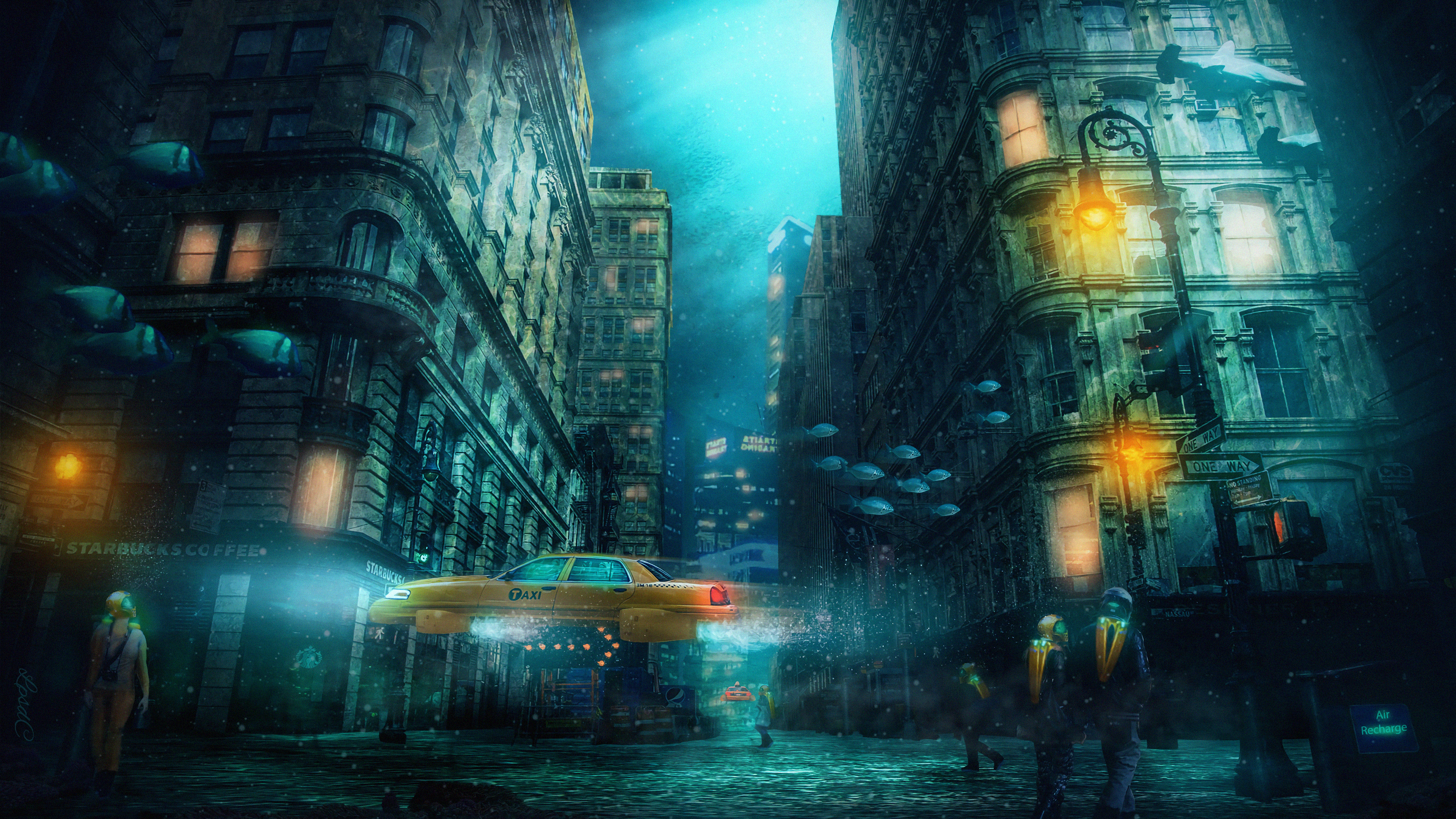 sci fi, city, building, taxi, underwater