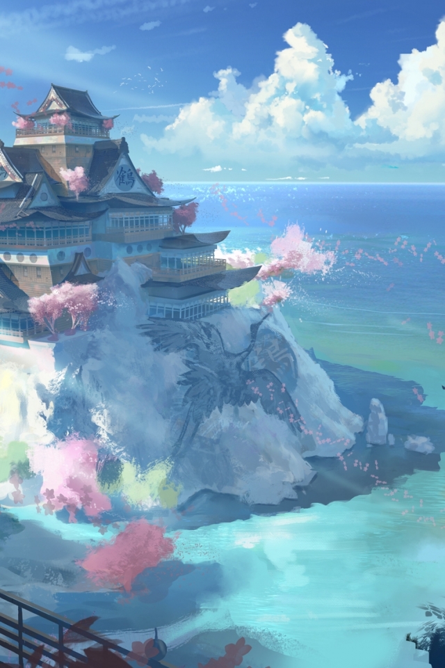 Handy-Wallpaper Landschaft, Wasser, Ozean, Wolke, Original, Meer, Himmel, Animes, Schloss kostenlos herunterladen.