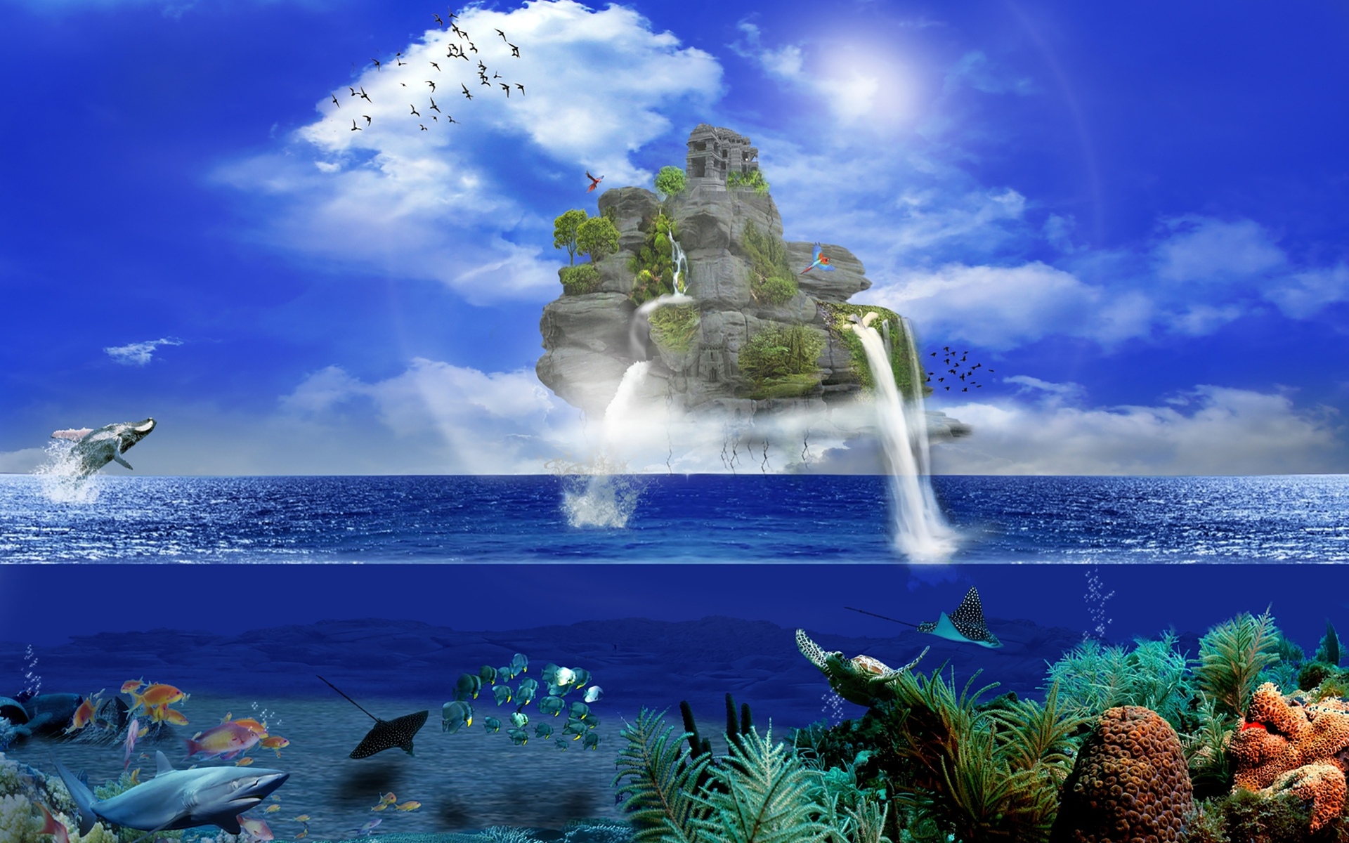 Laden Sie das Fantasie, Wasserfall, Ozean, Fisch, Unterwasser, Meer, Künstlerisch, Planze-Bild kostenlos auf Ihren PC-Desktop herunter