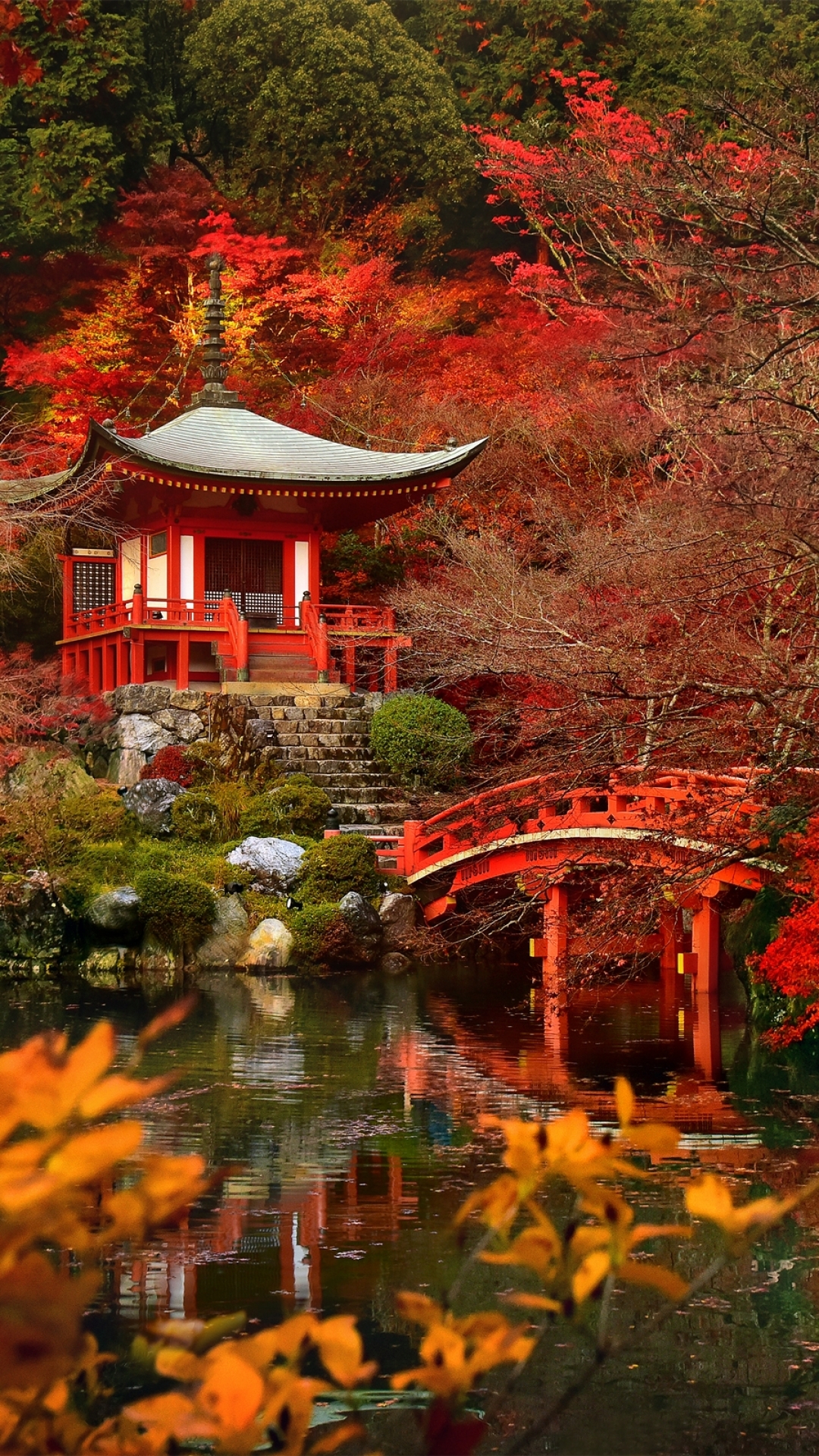 Download mobile wallpaper Nature, Fall, Bridge, Pagoda, Japan, Temples, Kyoto, Religious, Daigo Ji for free.