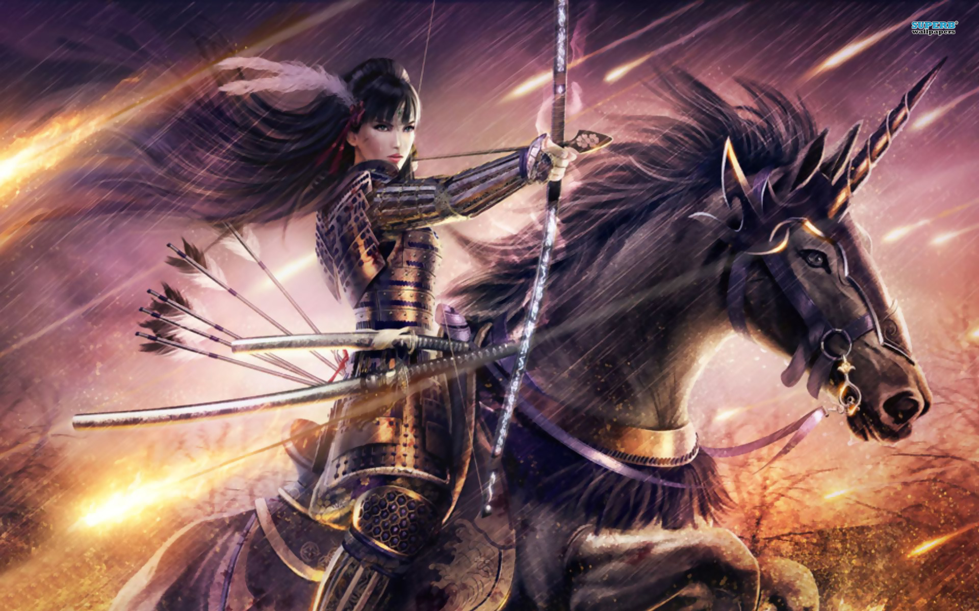 246512 завантажити картинку фантазія, лучник, лук, кінь, самурай, жінка воїн - шпалери і заставки безкоштовно
