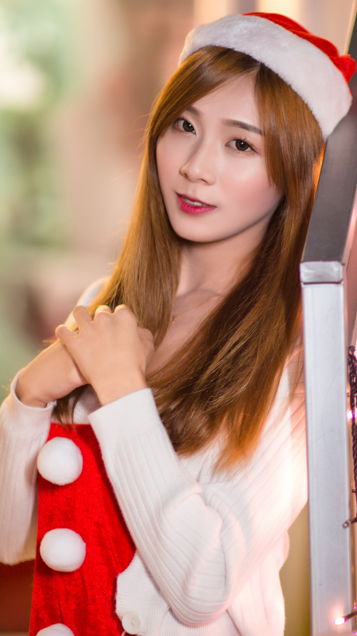 Download mobile wallpaper Redhead, Model, Women, Asian, Santa Hat for free.
