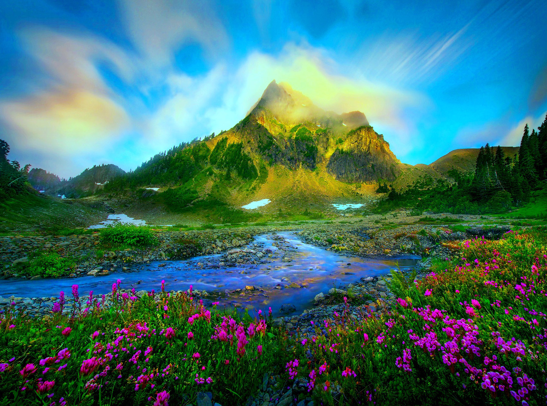 Download mobile wallpaper Landscape, Sky, Mountain, Flower, Earth, Stream, Spring for free.