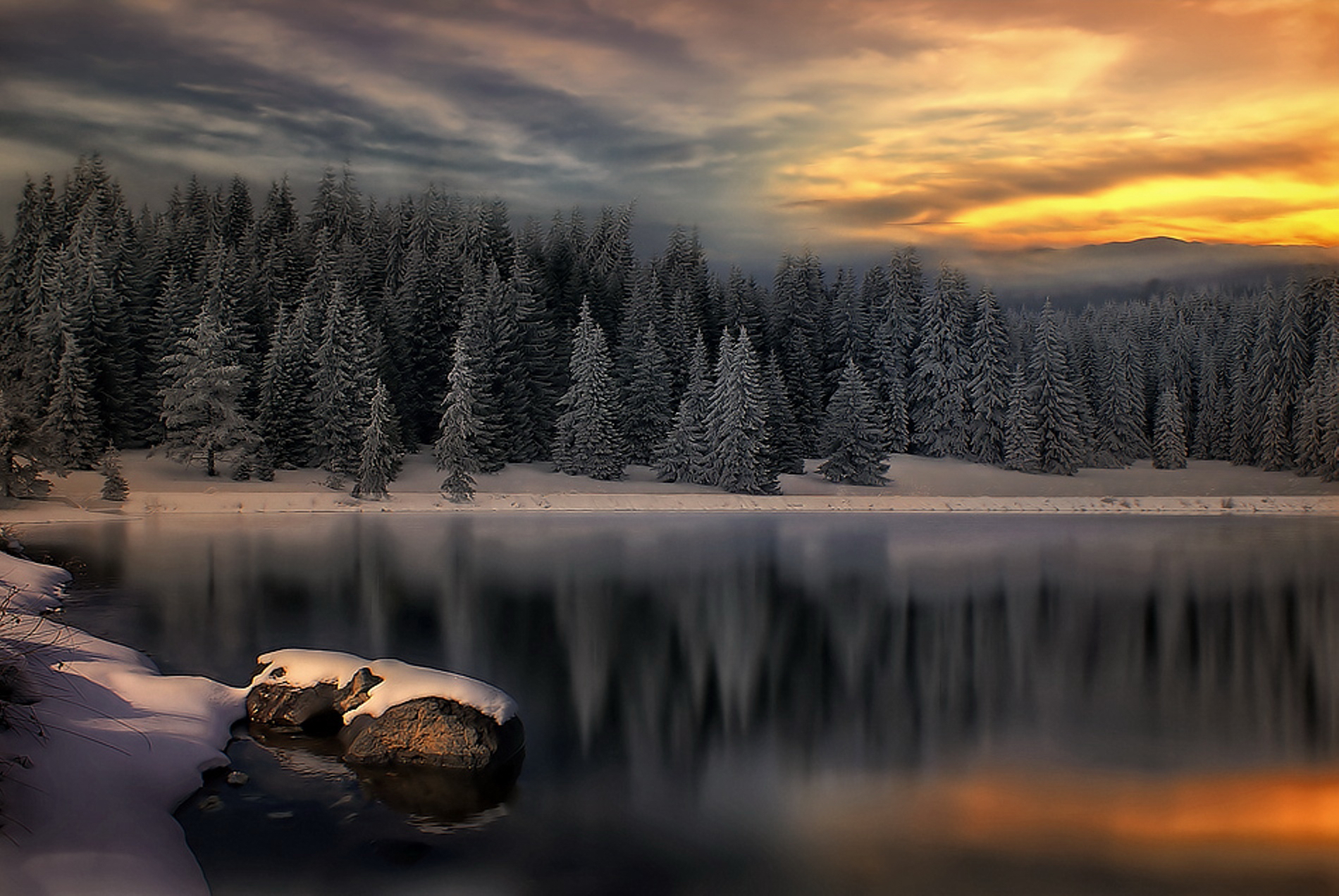 Download mobile wallpaper Winter, Sunset, Tree, Earth, Pond for free.