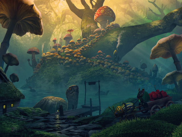 Free download wallpaper Landscape, Fantasy, House, Mushroom, Mouse, Turtle on your PC desktop