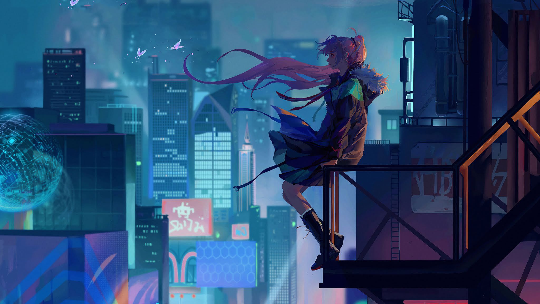 Handy-Wallpaper Cyberpunk, Nacht, Pinkes Haar, Animes, Großstadt, Lange Haare kostenlos herunterladen.