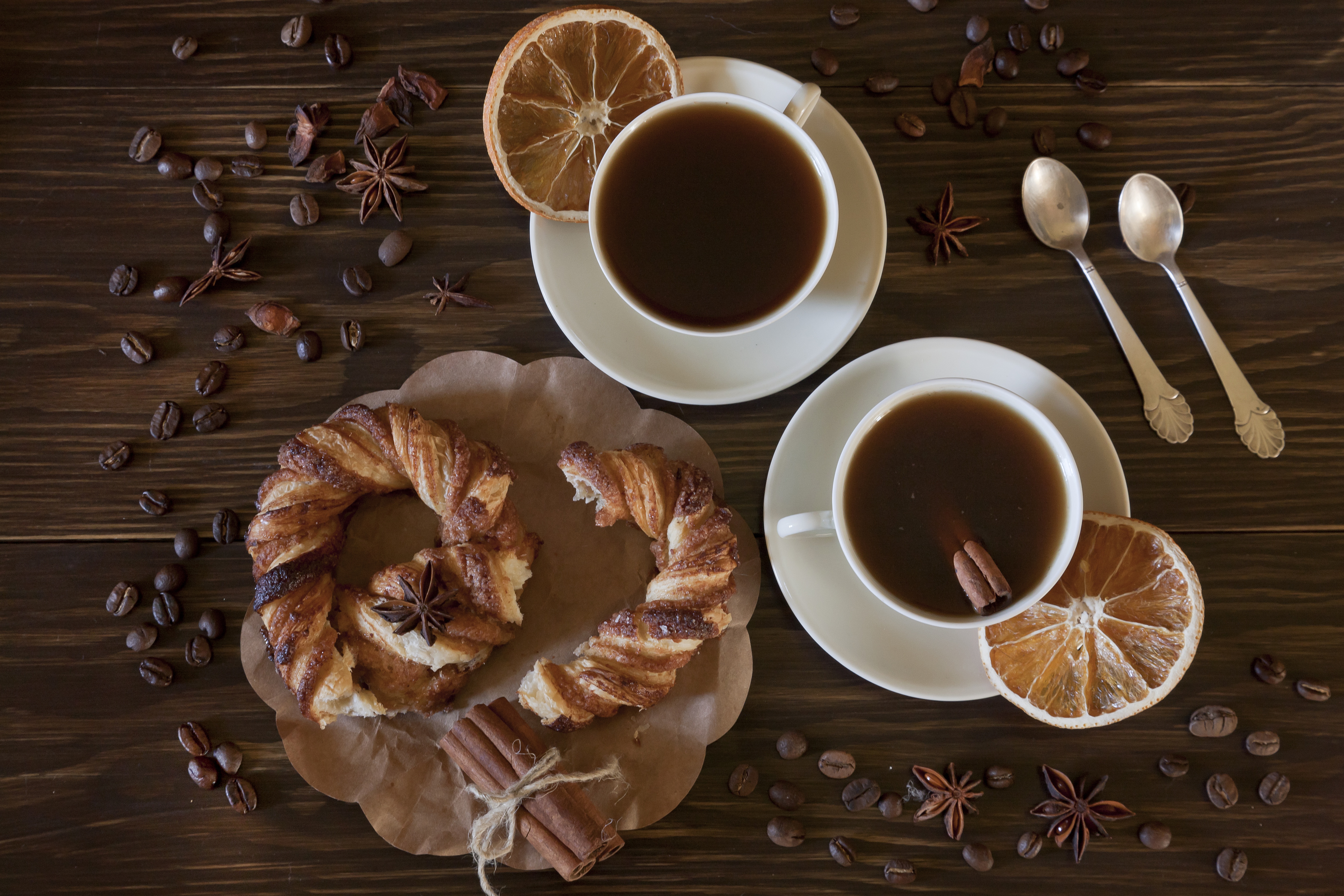 Download mobile wallpaper Food, Still Life, Cinnamon, Cup, Tea, Coffee Beans, Viennoiserie for free.