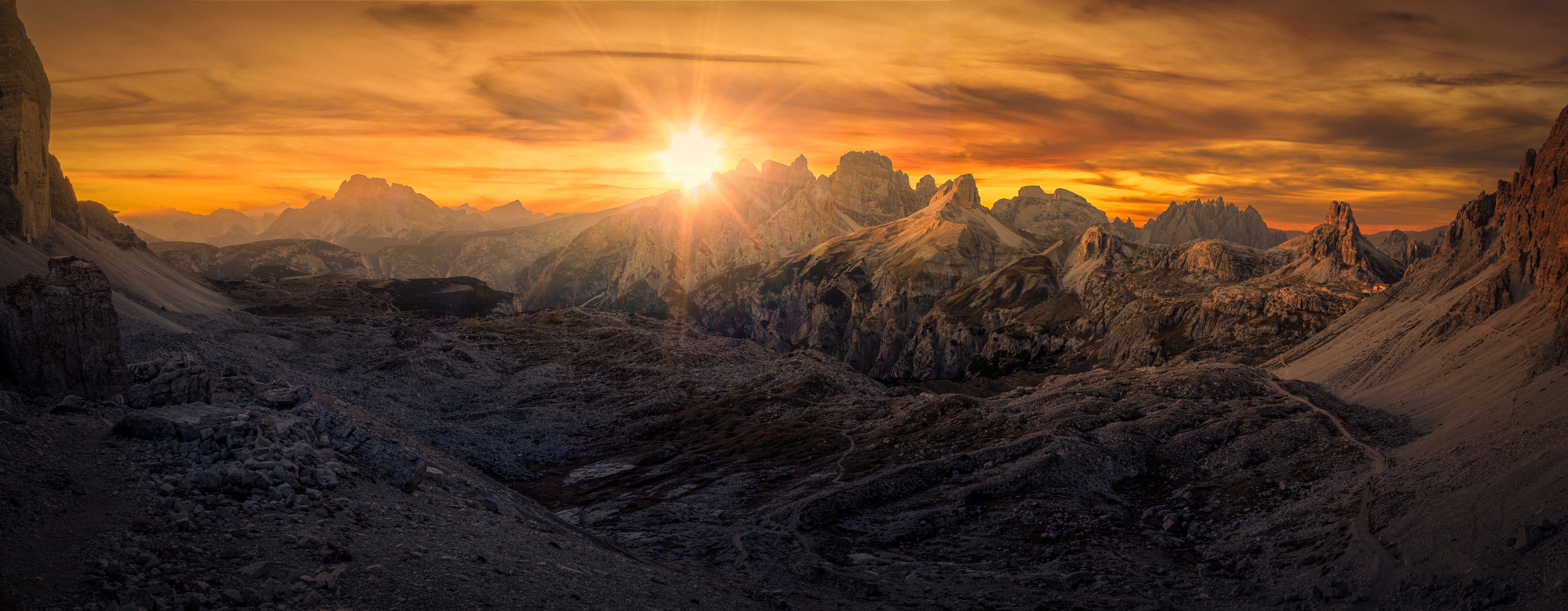 Laden Sie das Gebirge, Panorama, Dolomiten, Sonnenuntergang, Sonne, Berge, Erde/natur-Bild kostenlos auf Ihren PC-Desktop herunter