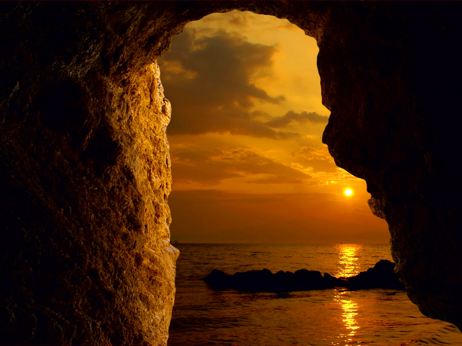 無料モバイル壁紙日没, 海, 洞窟, 地平線, 海洋, 地球, 太陽をダウンロードします。