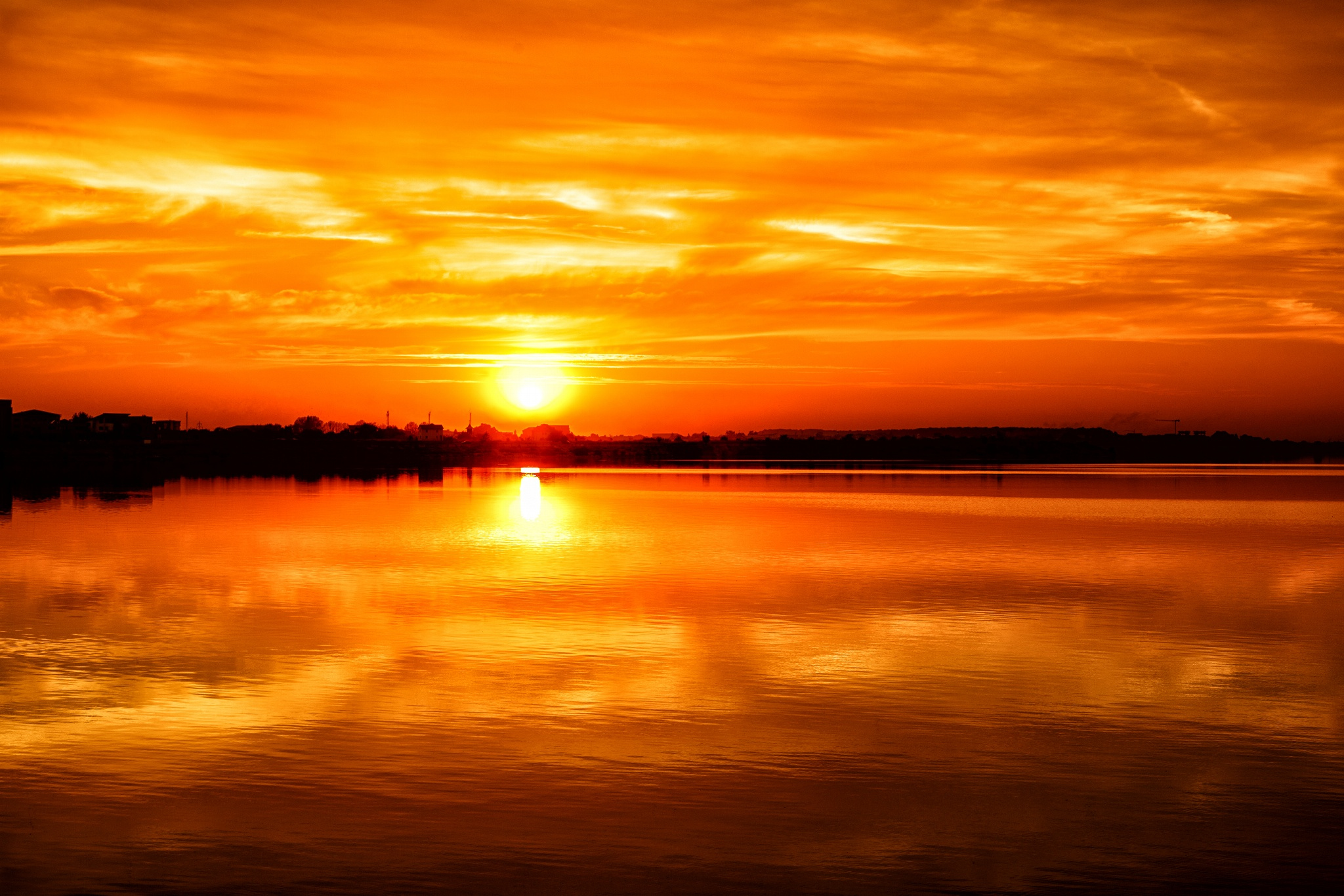 Download mobile wallpaper Landscape, Water, Sunset, Sky, Sun, Reflection, Photography, Orange (Color) for free.