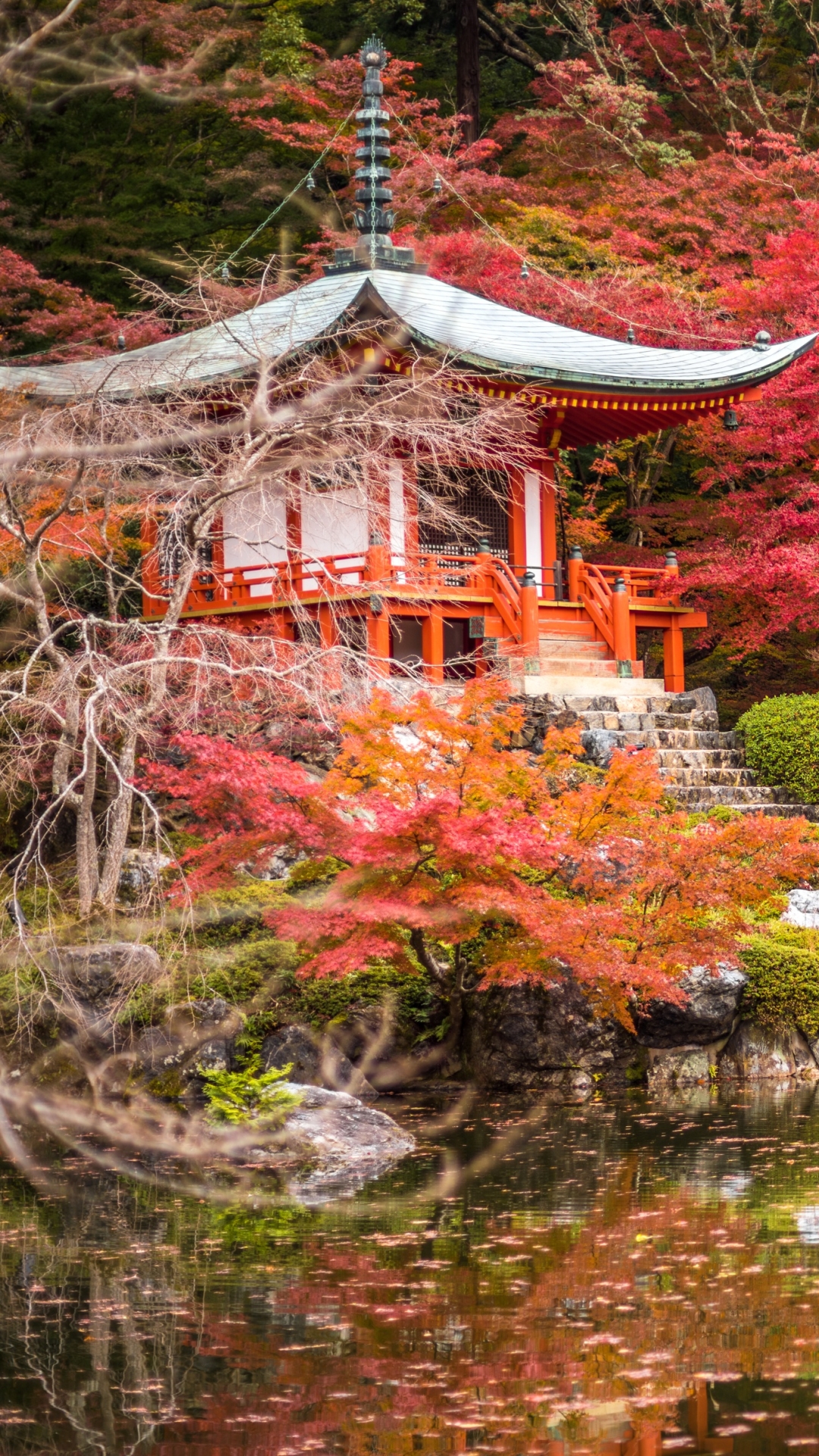 Download mobile wallpaper Nature, Park, Tree, Pagoda, Japan, Pond, Temples, Kyoto, Shrine, Religious, Japanese Garden, Daigo Ji for free.