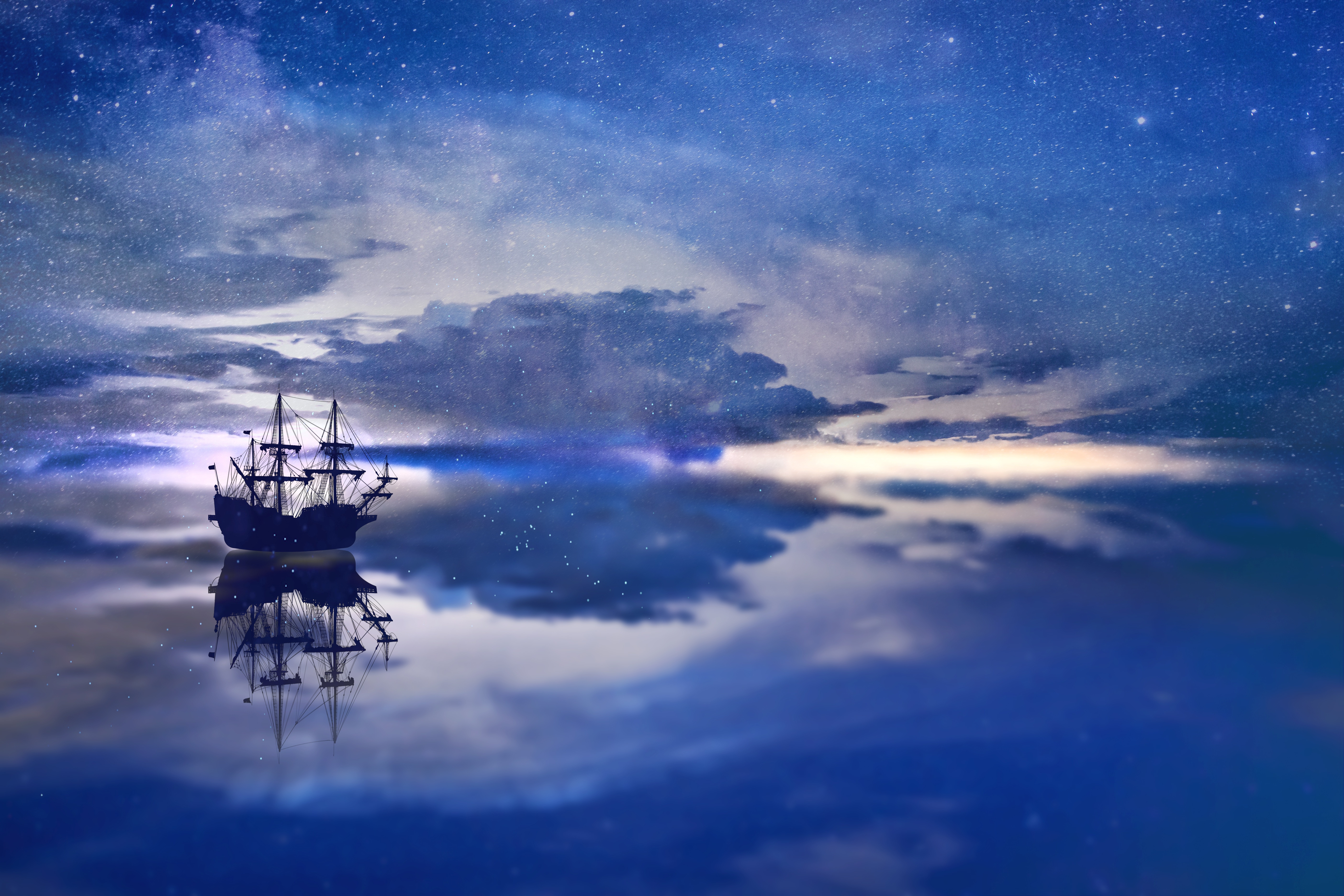 Download mobile wallpaper Horizon, Reflection, Boat, Artistic for free.