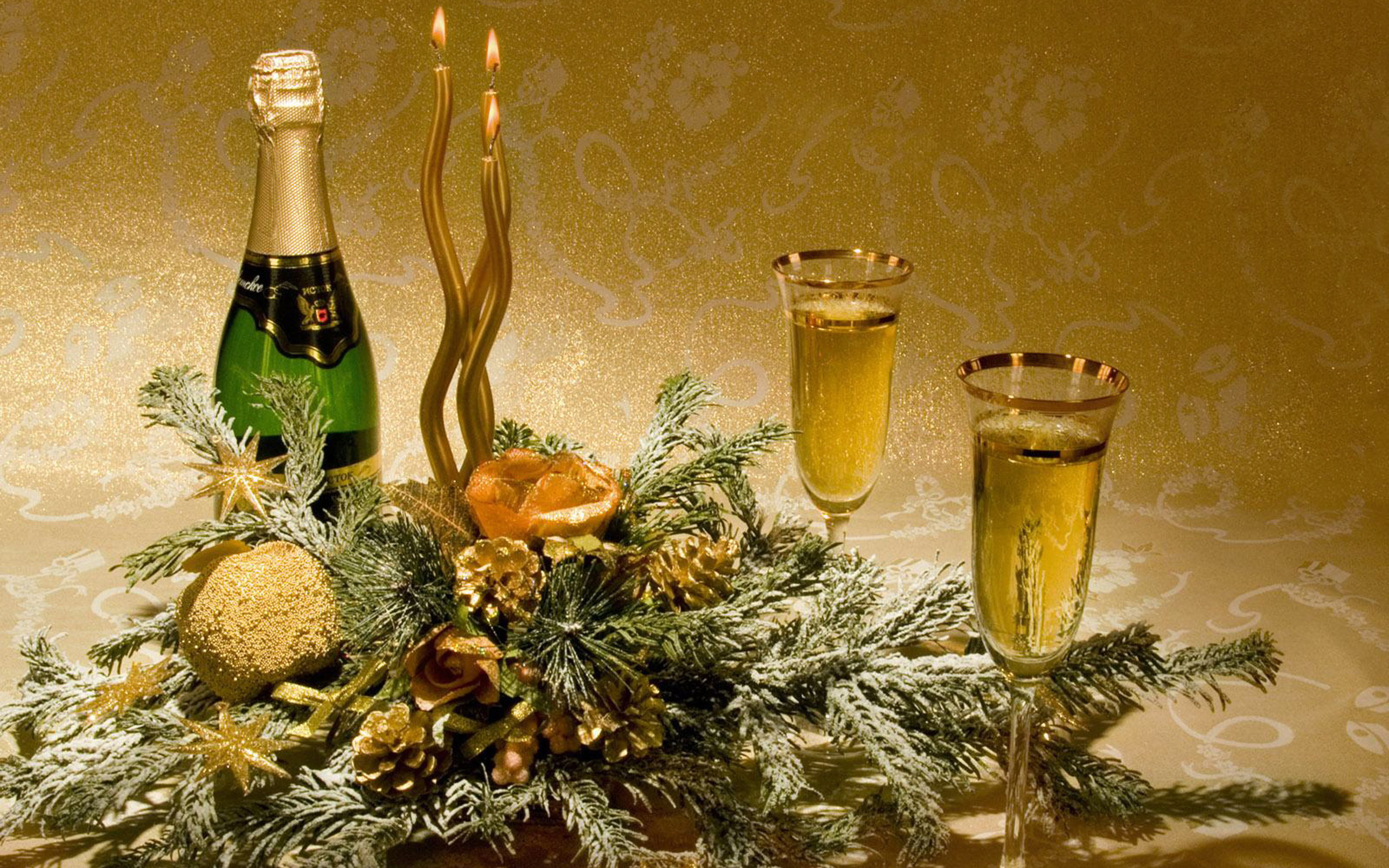 vine, holidays, new year, candles, drinks, still life, yellow HD wallpaper