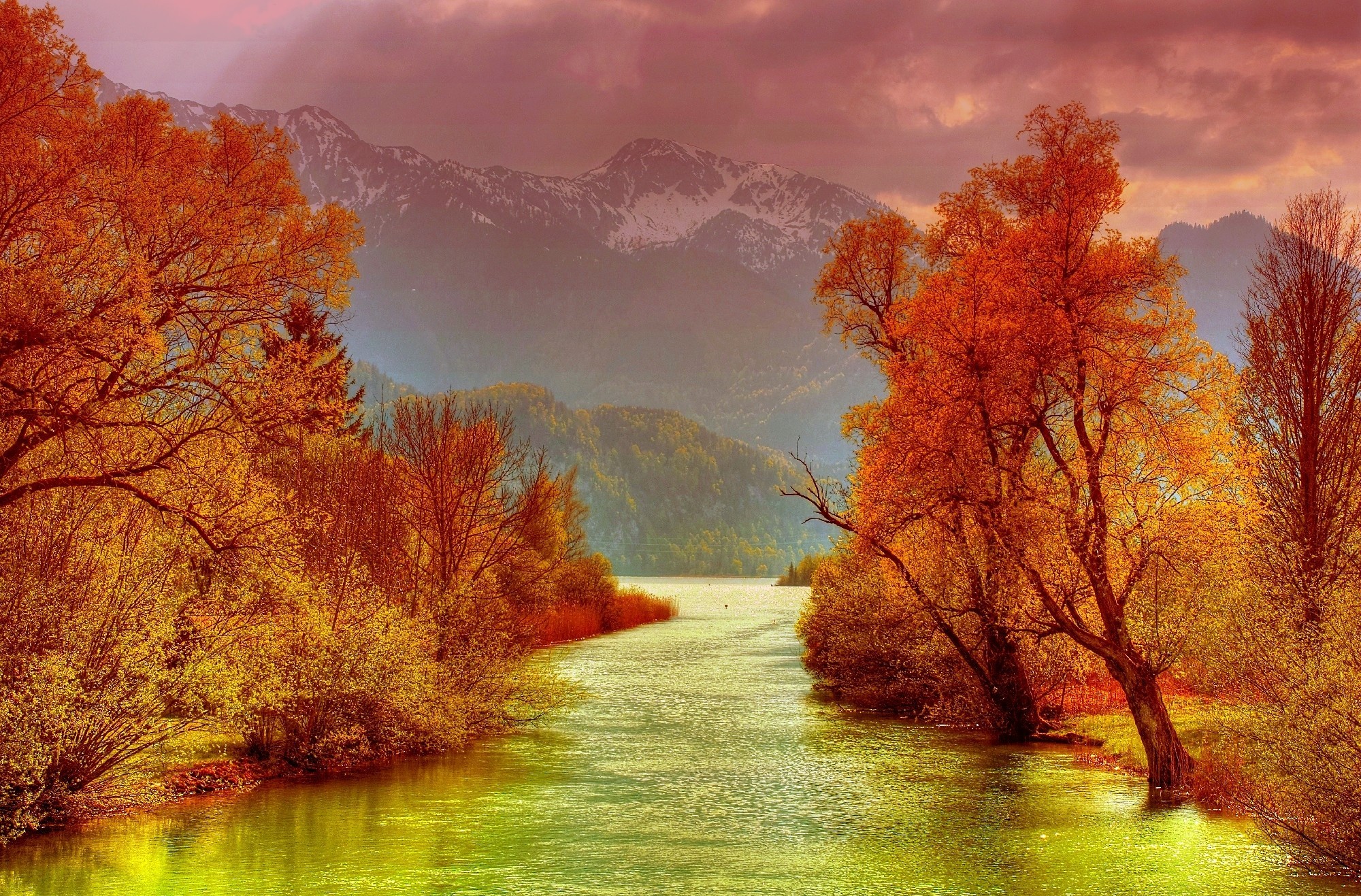 Download mobile wallpaper Mountain, Tree, Fall, Earth, Cloud, River for free.