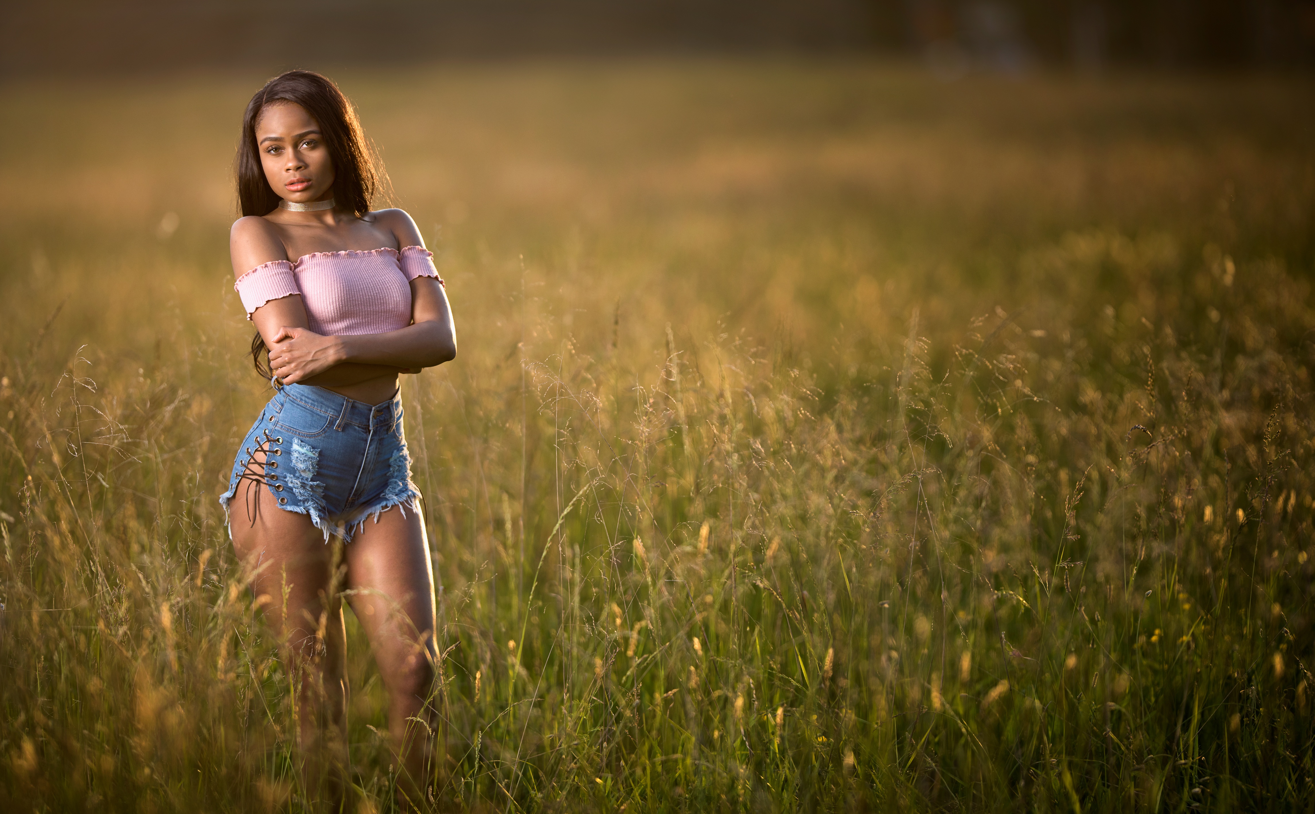 Download mobile wallpaper Field, Brunette, Model, Women, Depth Of Field for free.