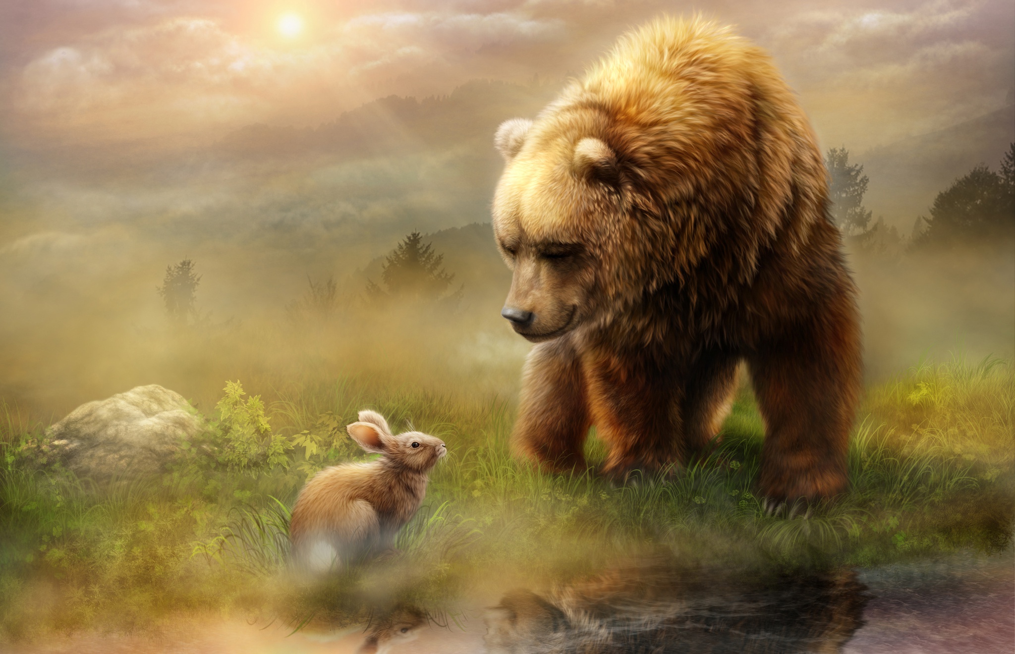 Скачать обои бесплатно Животные, Медведи, Медведь, Кролик картинка на рабочий стол ПК