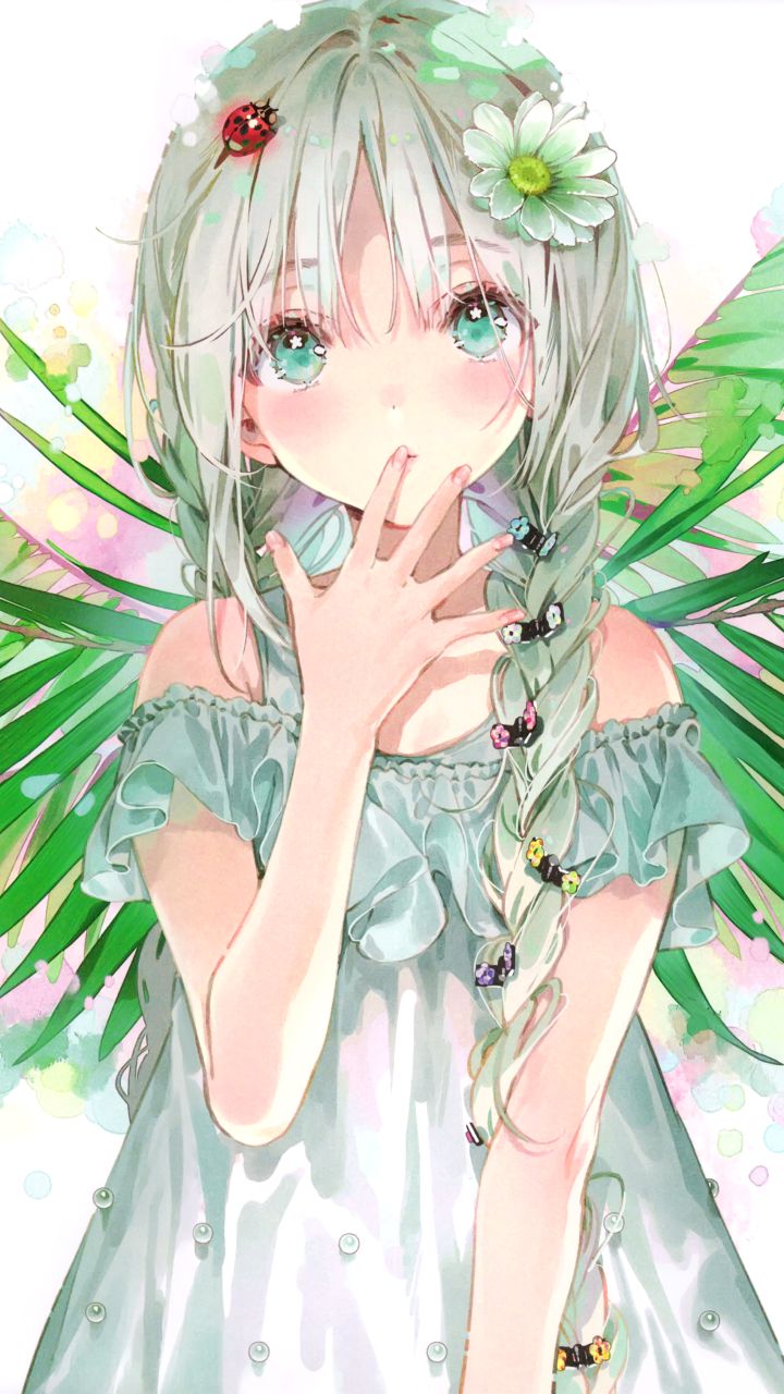 Download mobile wallpaper Anime, Girl, Dress, Braid, White Hair, Aqua Eyes for free.