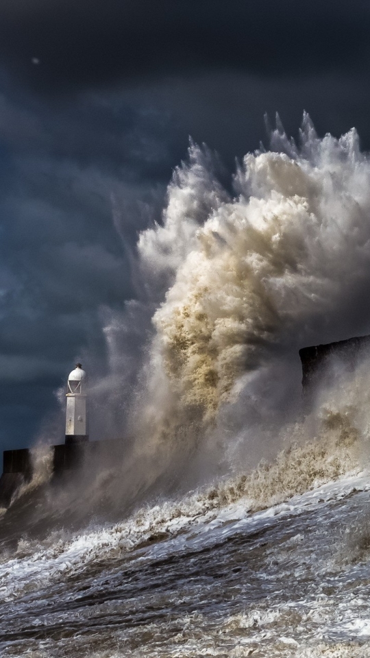 Download mobile wallpaper Ocean, Lighthouse, Storm, Cloud, Wave, Man Made for free.