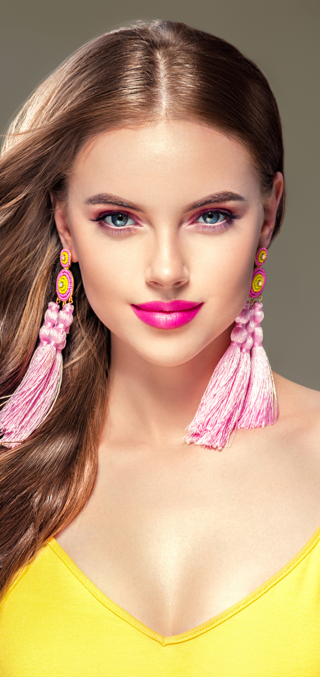 Download mobile wallpaper Brunette, Model, Women, Earrings, Blue Eyes, Long Hair, Lipstick for free.