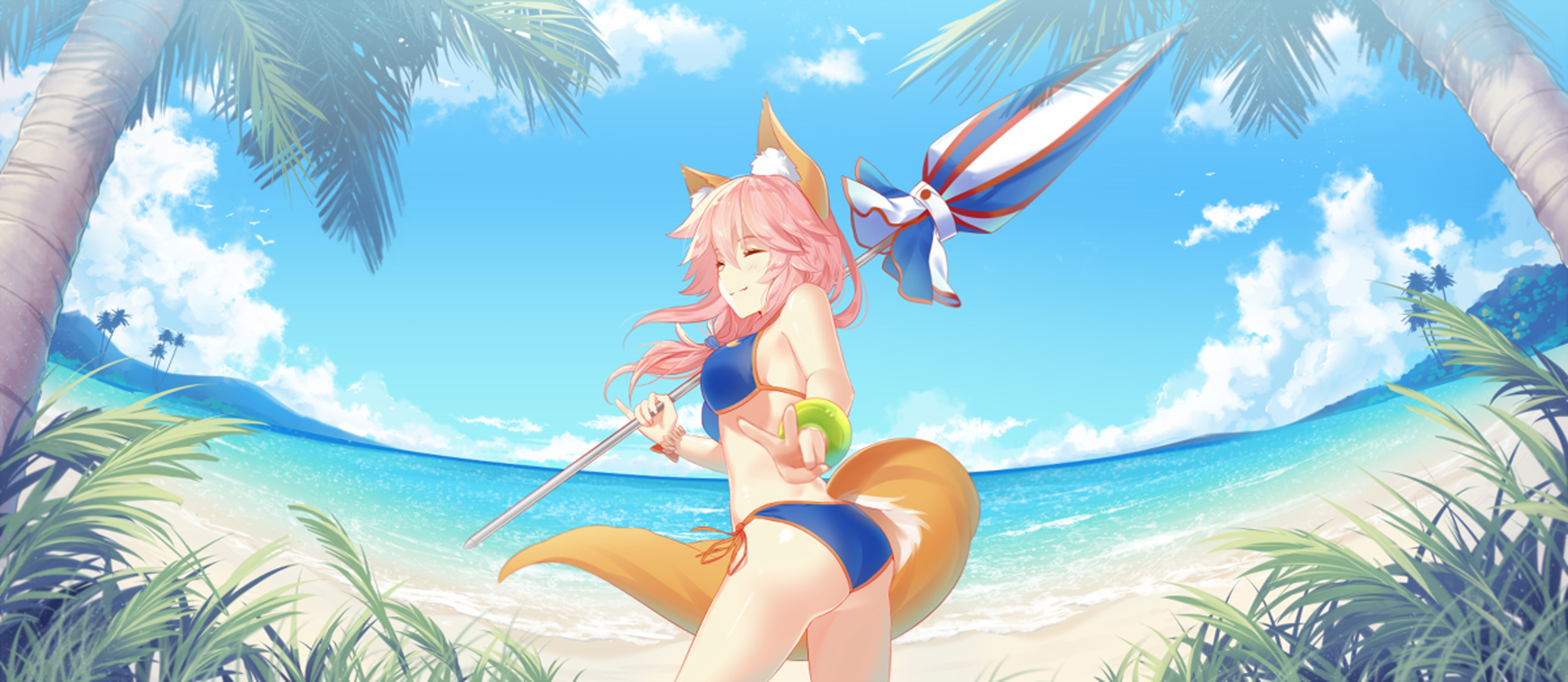 Download mobile wallpaper Anime, Sky, Beach, Tree, Umbrella, Cloud, Tail, Pink Hair, Long Hair, Bikini, Fate/grand Order for free.