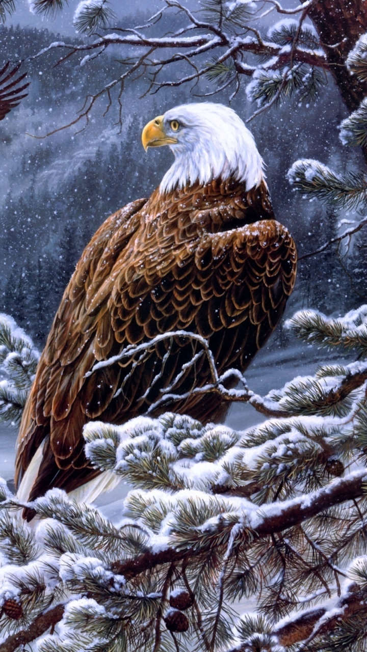 Download mobile wallpaper Winter, Birds, Bird, Animal, Eagle, Painting, Bald Eagle for free.