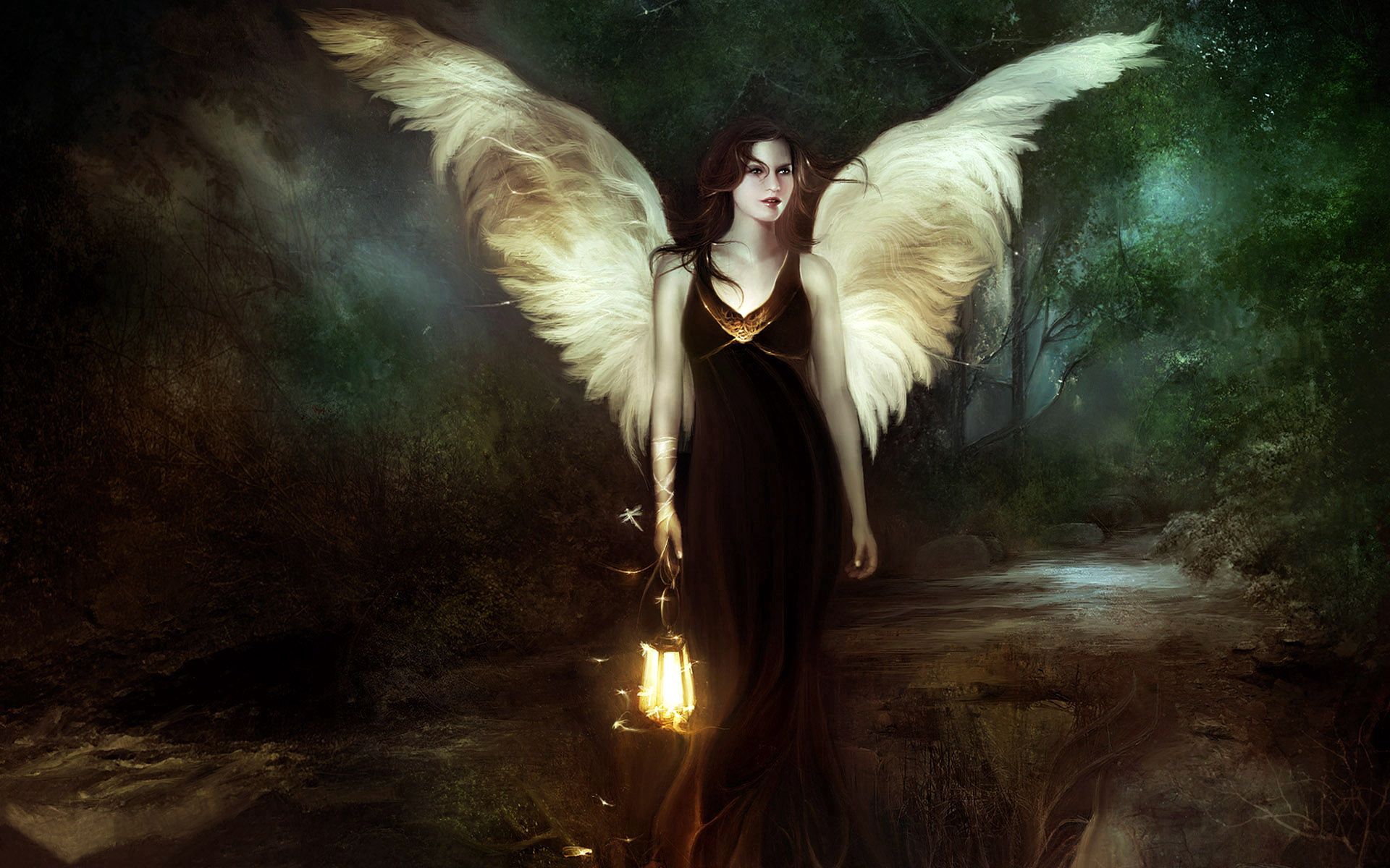angel, fantasy, night, forest, lamp, lantern, girl