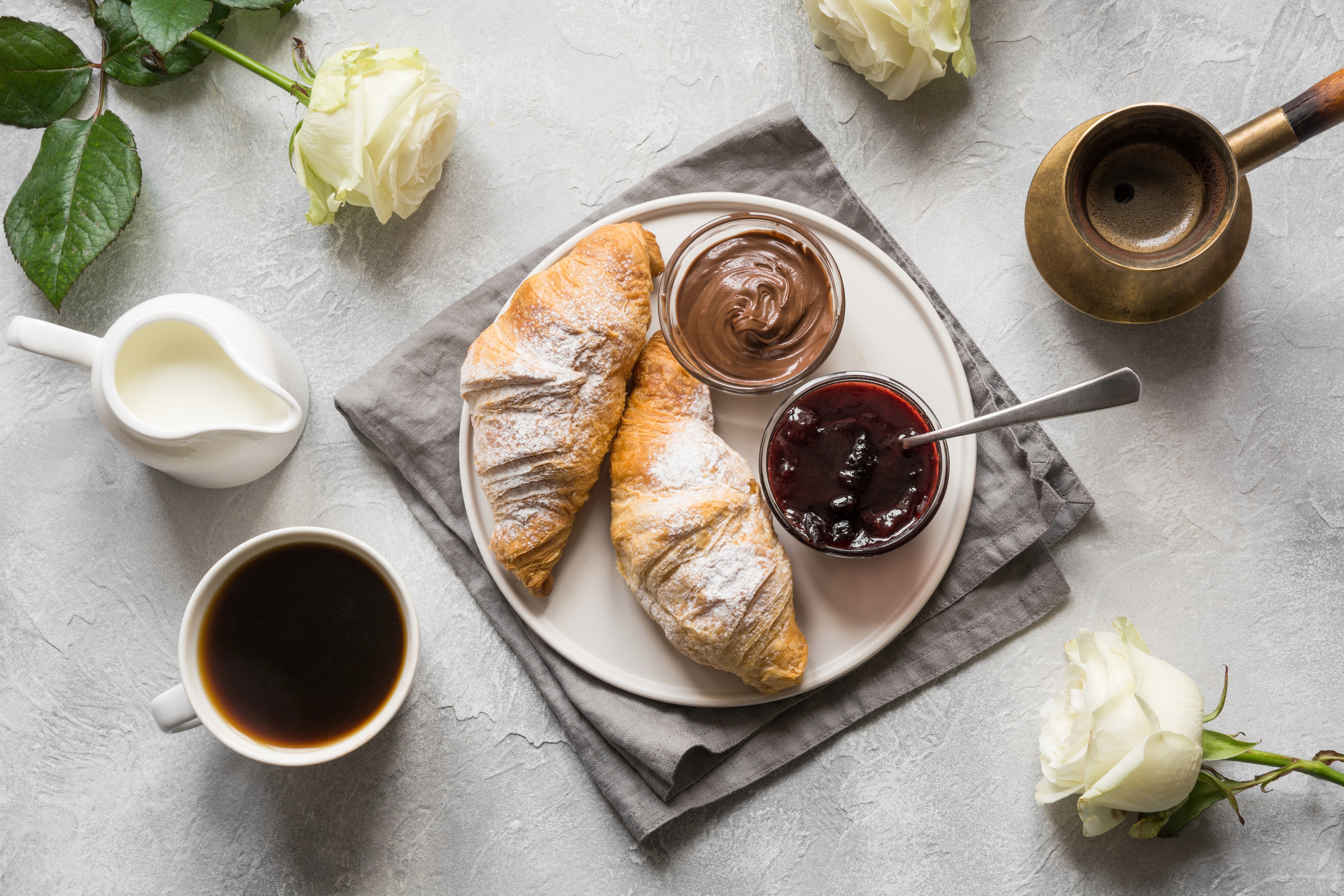 Download mobile wallpaper Food, Coffee, Still Life, Rose, Cup, Drink, Jam, Breakfast, Milk, Croissant, Viennoiserie for free.