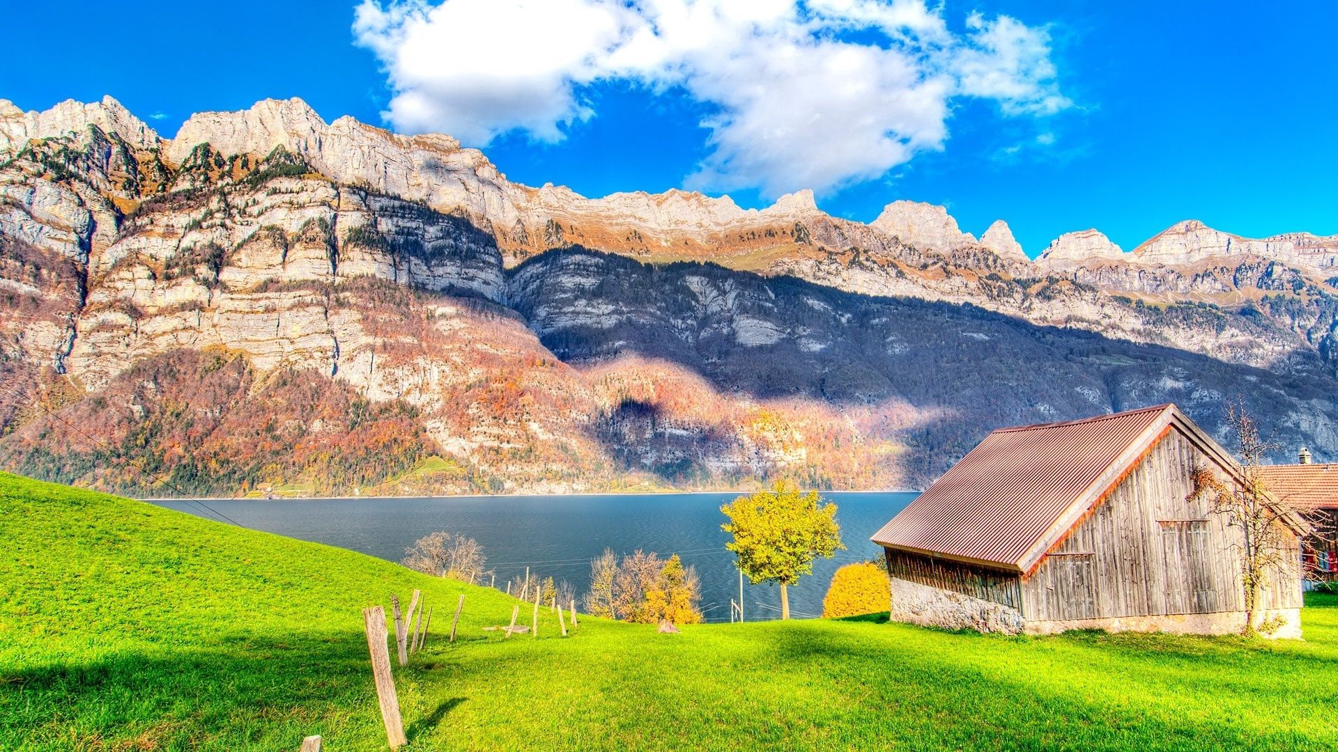 nature, mountains, lake, small house, lodge, fence, brightly, hedge